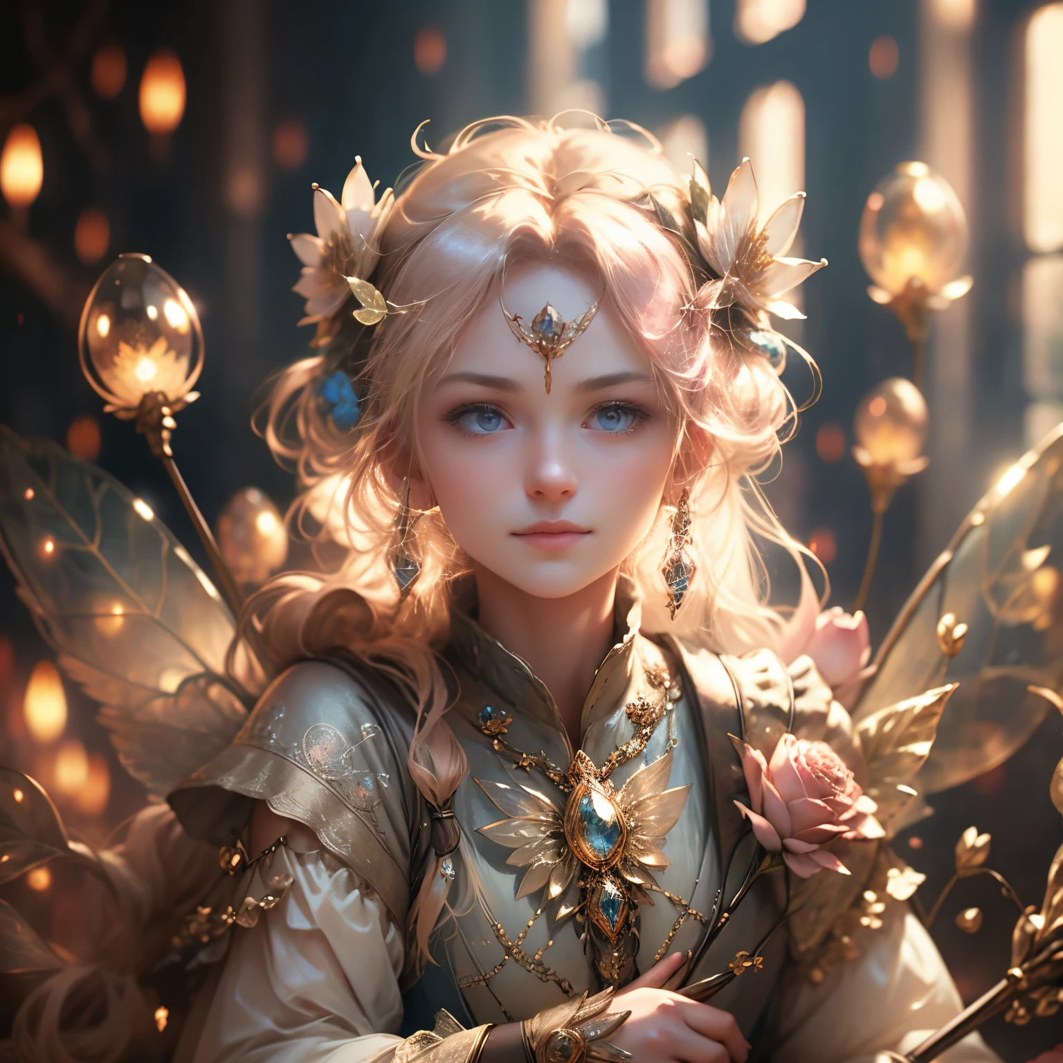 beautiful transparent flower fairy baby, transparent colorful feathers, the cane waving in the wind、The cane shone in the starlight,golden cane,Beautiful blue sky and white clouds、the girl has transparent wings、smile gently、Beautiful garden background、gentle and transparent,correct anatomy, delicate pattern,pink rose space, soft lighting, ( Bokeh),masterpiece, Super detailed, magnificent composition, highest quality, 8K,Epic romantic fantasy digital art,epic fairy tale fantasy digital art,mythological fantasy,UHD resolution,Detailed detail drawing,Realistic,非常にRealisticな,cinematic lighting,award winning photos,rich colors,Ultra-realistic life-like textures,dramatic lighting