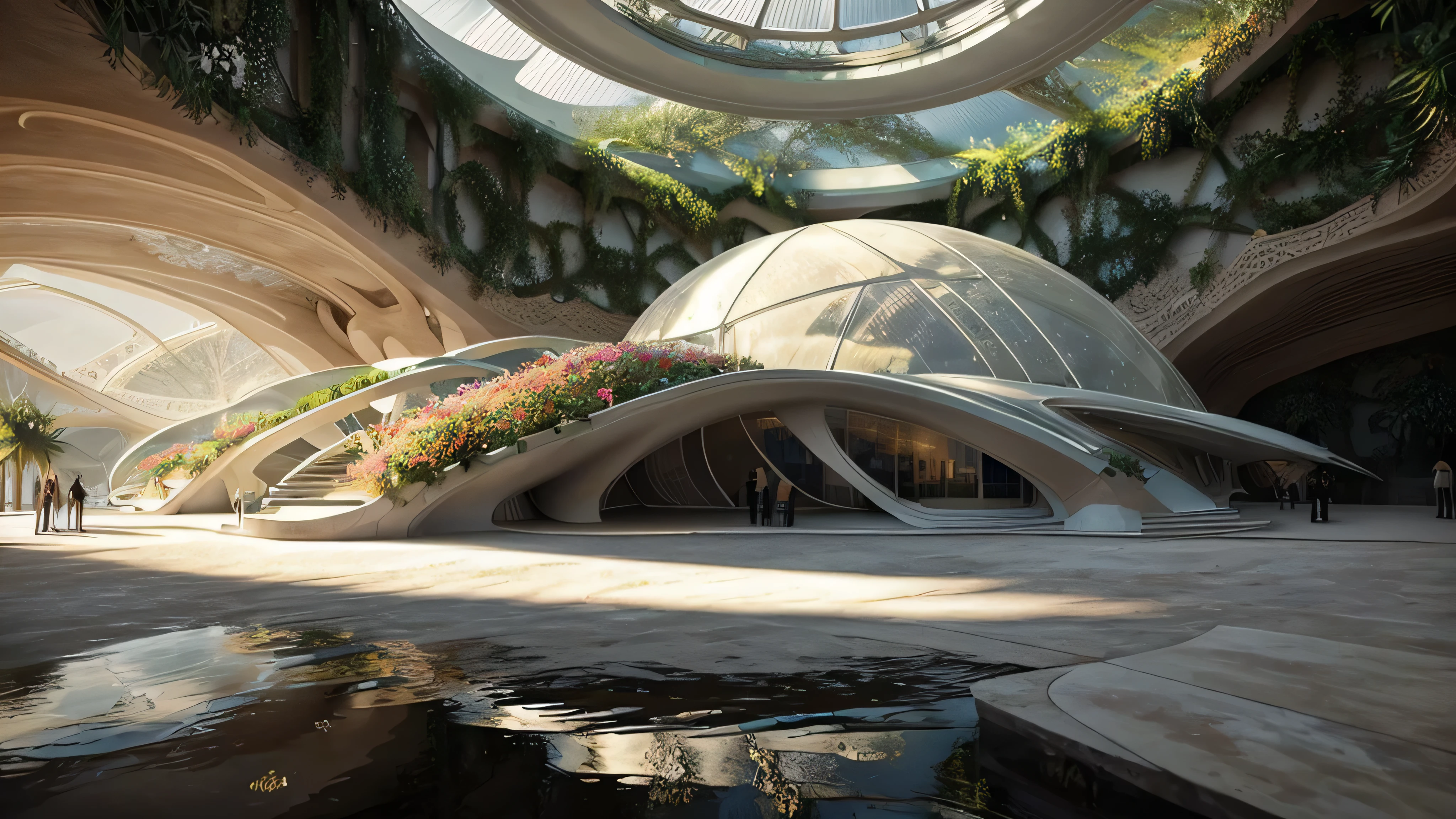 (Mejor calidad, obra maestra, ultrarrealista), futuristic indoor botanical garden, Dome, Muchas flores, The backdrop is a garden with petals and porridge flying., jardines al fondo, inspiration: Zaha Hadidi --v6