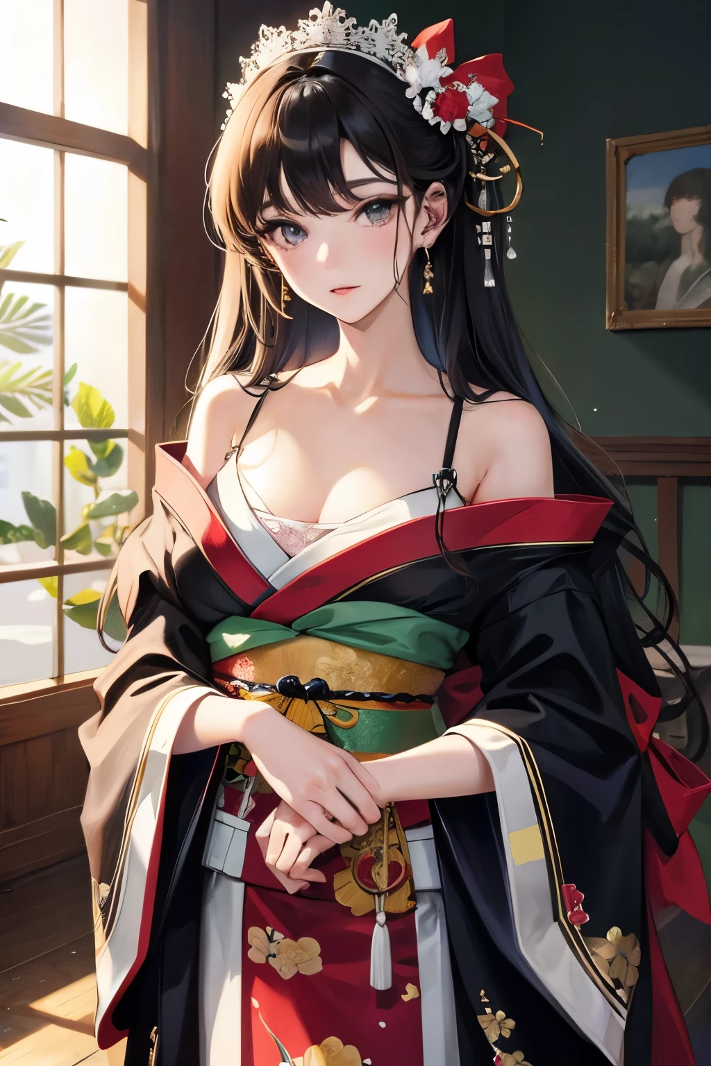 (masterpiece), (highest quality), High resolution, (Raw photo:1.2), (Very photogenic picture: 1.4), alone, (highly detailed wallpaper, cowboy shot)))), official art, masterpiece, Sharp focus beautiful gorgeous cute Japanese woman:1.3), Delicate and beautiful hair, eyes and face, realistic, Super detailed, Beautiful girl with beautiful eyes, eye reflection, pale skin, hair accessory, ((((no background)))), sexy pose, wearing a kimono、black hair
