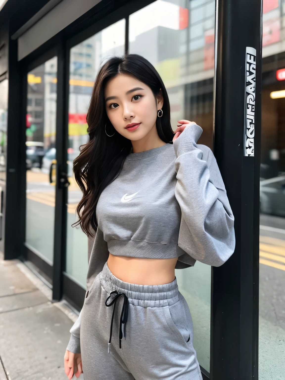 arafed asian woman in a grey crop top and grey sweatpants, young asian girl, wearing crop top, beautiful asian girl, beautiful midriff, wearing a sexy cropped top, croptop, asian girl, physical : tinyest midriff ever, young and cute girl, chinese girl, anime thai girl, of a youthful japanese girl, wearing casual clothes