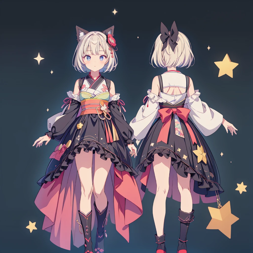 1girl,vtuber-fullbody、chara-sheet、Front, side, back、highest quality、A space-like remake of yukata and gothic lolita in black and navy blue、A space-themed oiran frill dress、Knee-high boots、8K,、Star Fairy、masterpiece、official art、Super detailed、super beautiful、Cute Star Fairy、white straight short hair、