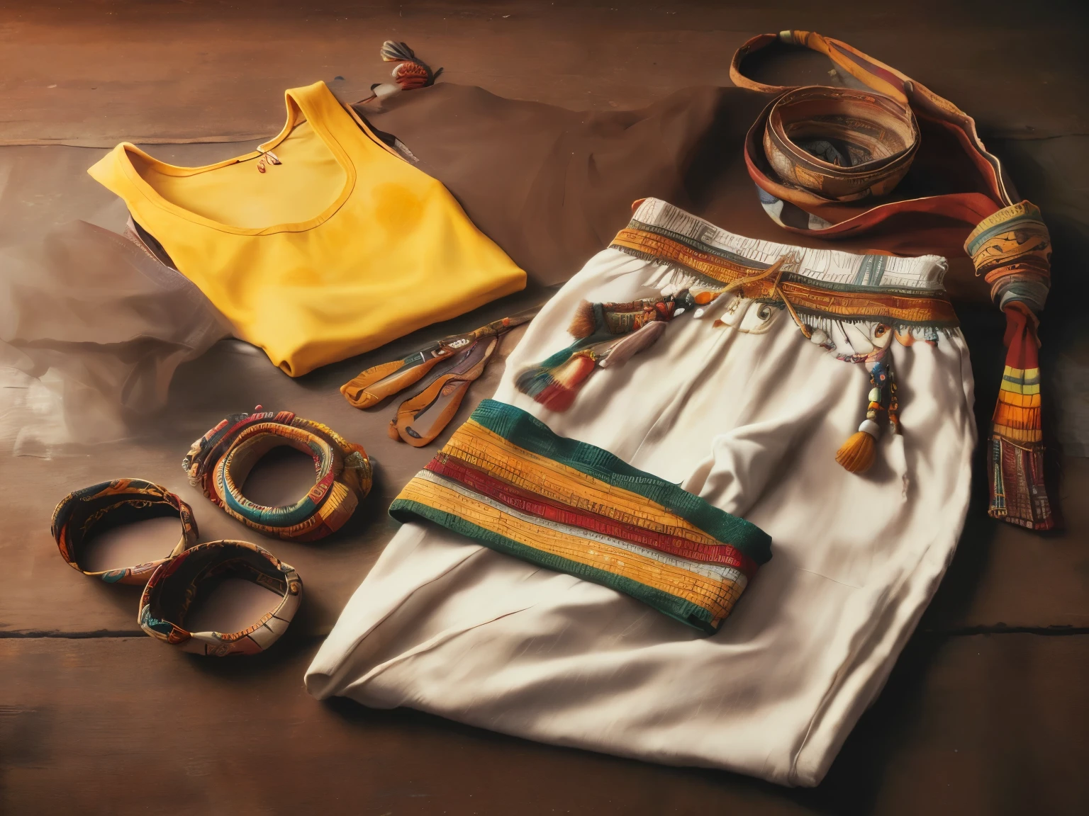 a close up of a pair of pants, a yellow shirt, a purse, and a pair of bracelets, traditional clothes, colorful clothes, traditional clothing, egyptian clothes, egyptian clothing, colourful clothes, tribal clothing, 1970s hippie cloth style, colorful clothing, clothing photography, cloth accessories, casual clothing, colourful clothing, warm color clothes. melhorar detalhes da imagem