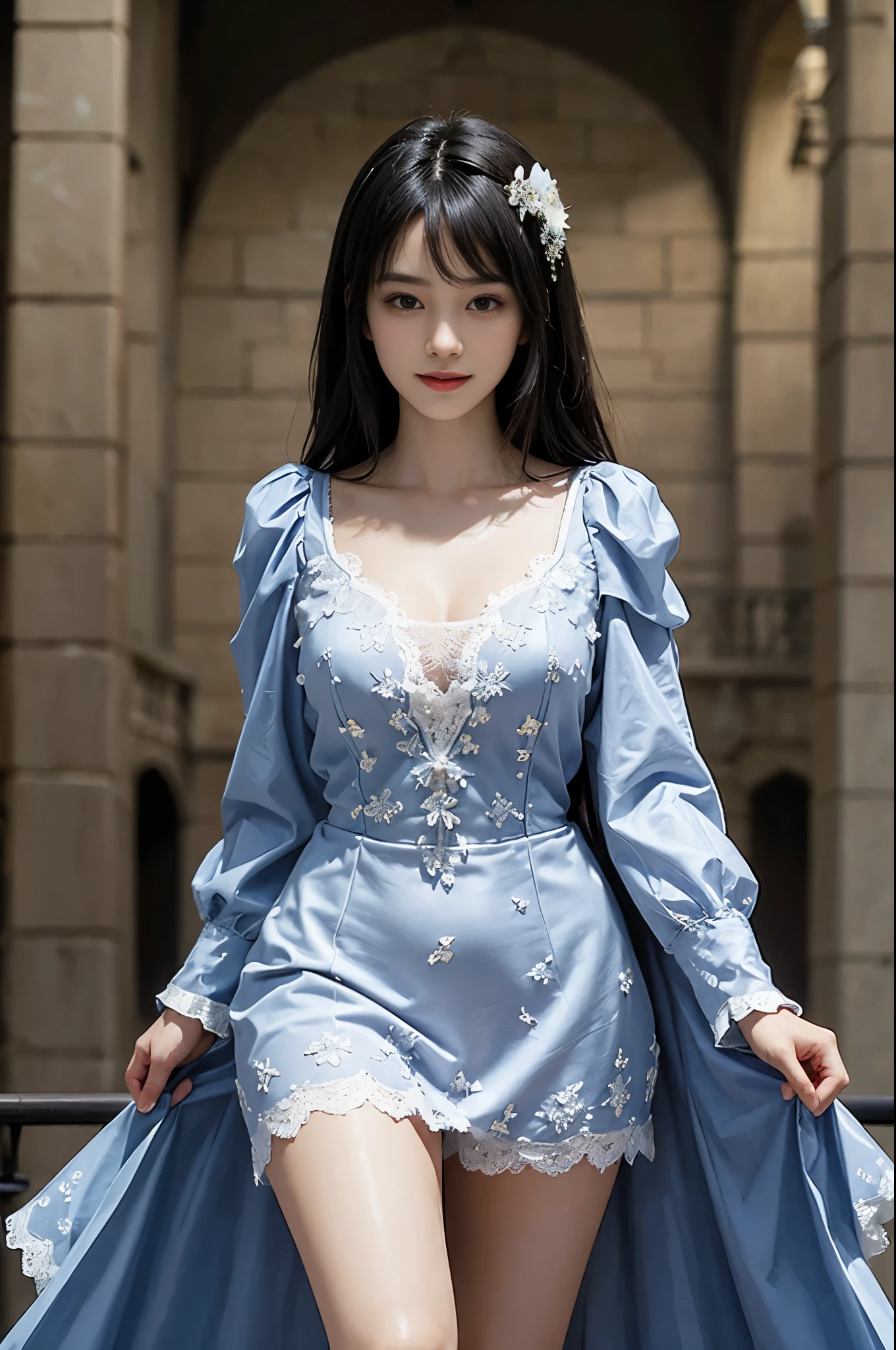 best quality、masterpiece、ultra high resolution、actual、1 girl、Glossy skin、((Surreal detailed))、Global photo、8K、Highly complex details、shinning eyes、Black straight hair、slender body、plump breasts、highkey、pureerosfaceace_v1、A smile、Elegant pose、Dark lace dress、Beautiful woman standing on the balcony of the castle
