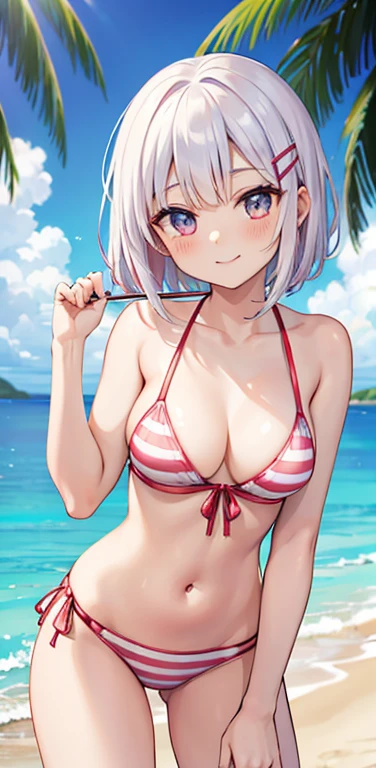 masterpiece,Realistic、2girls、yuri,(happy smile:1.3),(cute face:1.5),(tareme:1.3),(white hair pink hair gradient :1.3),(blue eyes)、(red eyes)、(kind eyes:1.3)、(stand),(short hair),( portrait:1.3,face focus:1.3,cowboy shot),(white striped bikini:1.3)、(small breasts),(midsummer beach:1.3)、(hairpin:1.5)