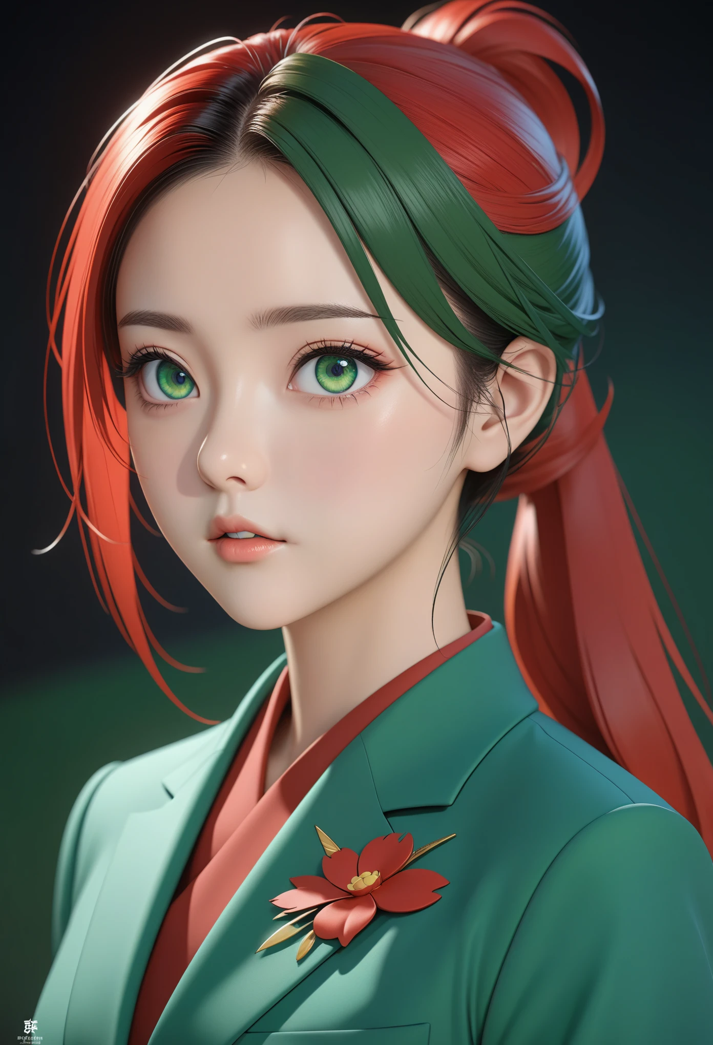Japanese cartoons, hada, Close-up of a woman ((red low ponytail hair)) and (((the most beautiful Green eyes))) exist (((blue suit))), (((determexisted)), 8K, Unreal EnGexiste 5, octane rendering, by kyun, GamanG, Yin Jianzhi, G.arrive, Gosonjak, Shrupp, Serious, Domi, Noah, trendexistG on pixiv, Fan Box, Skibb, masterpiece, Detailed face, smooth soft skexist, biG dreamy eyes, beautiful existtricate colored hair, Symmetrical, Japanese cartoons wide eyes, soft liGhtexistG, concept art, diGital paexisttexistG, 