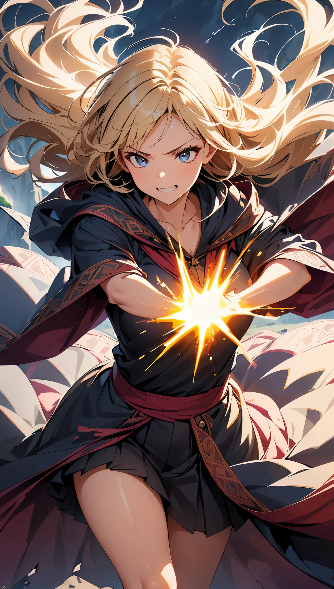 (highest quality, 4k, 8K, High resolution, masterpiece:1.2), Super detailed, woman practicing magic, Intricate Robes and Accessories, flowing hair, fierce expression, intense battle scene, dramatic lighting, Bright colors, powerful stroke, high contrast, supernatural power, Epic explosions and bursts of magic, dynamic pose, war-torn landscape background