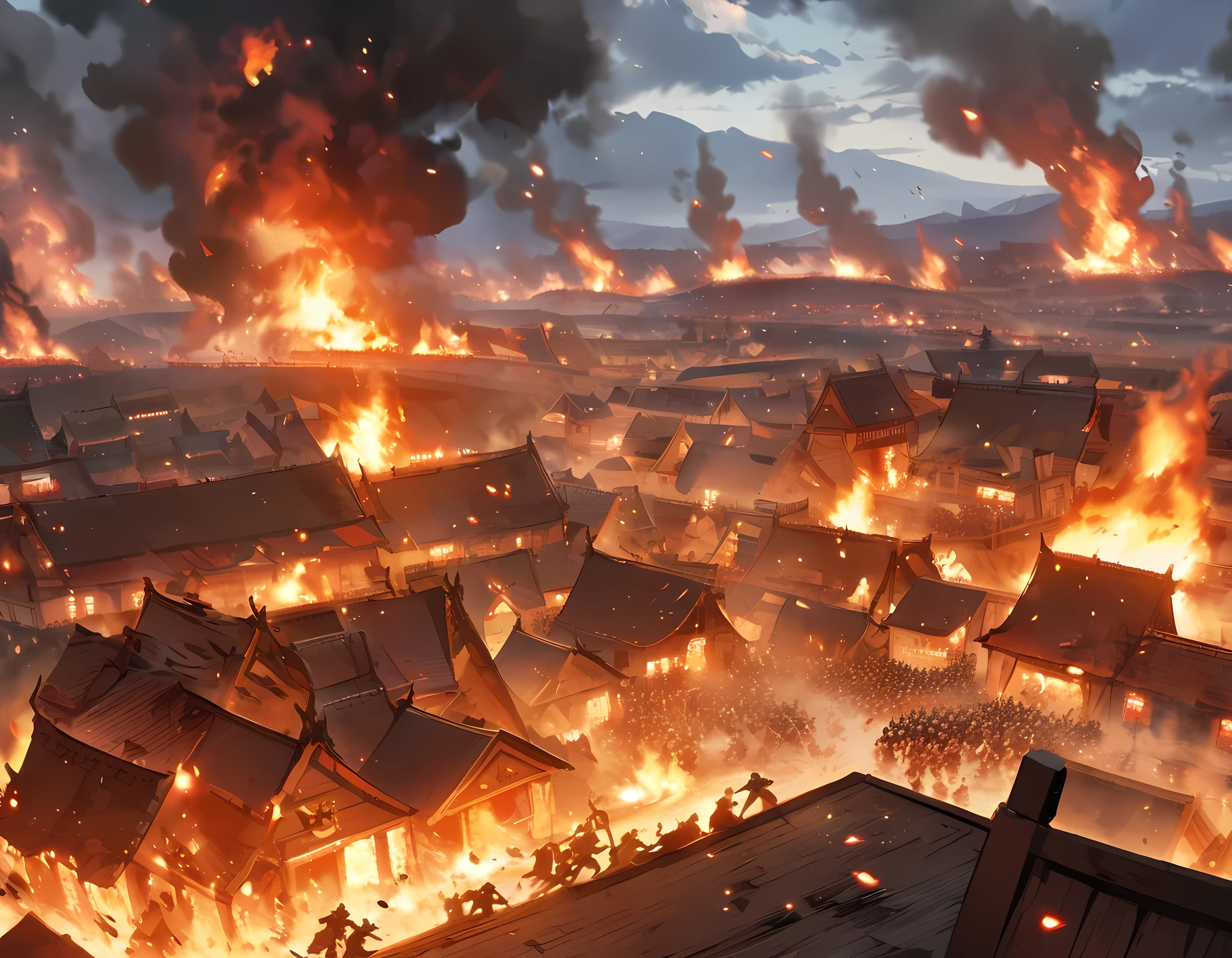 A close up of a fire burning in a city with lots of buildings - SeaArt AI