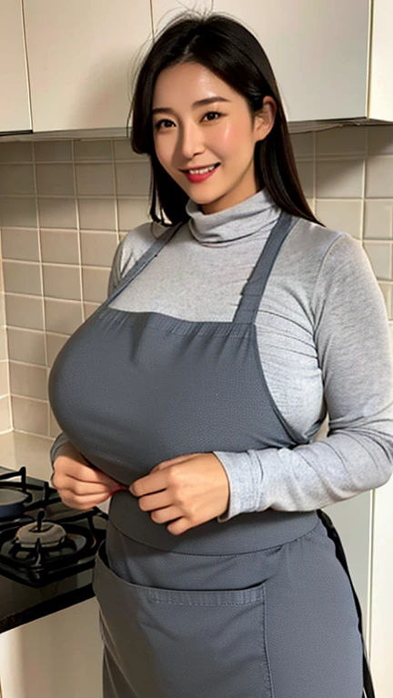 Japan's most beautiful mother(huge body)、Obscene and too big long breasts、Too erotic mom、A body that accepts all sexual desires、standing in the kitchen、Gray long sleeve tight knit、Wearing wide nacho pants、broad shoulders、wearing an apron、32K quality、highest quality、turn around、say good morning with a smile