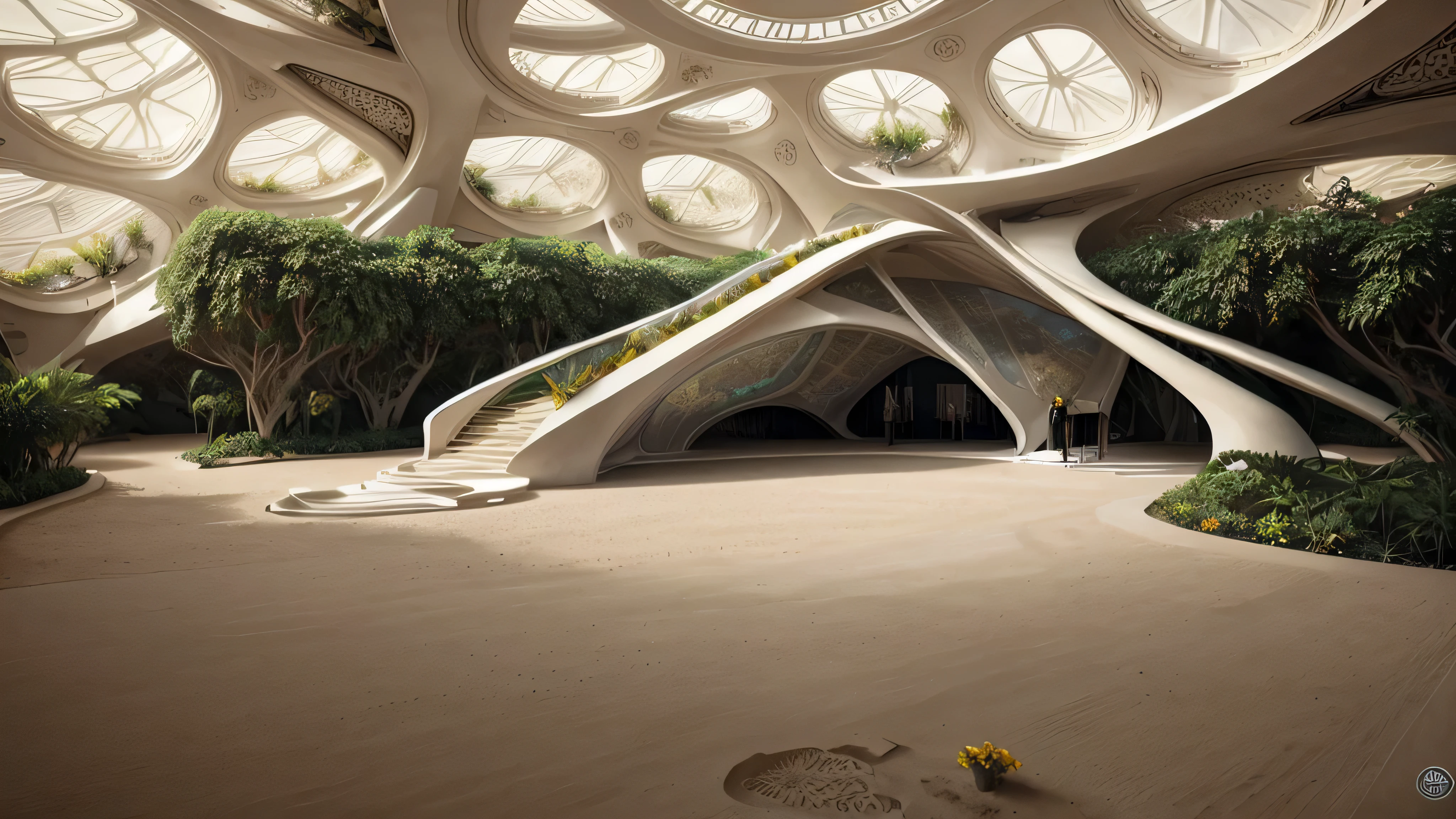 (Mejor calidad, obra maestra, ultrarrealista), futuristic indoor botanical garden, Dome, Muchas flores, The backdrop is a garden with petals and porridge flying., jardines al fondo, inspiration: Zaha Hadidi --v6
