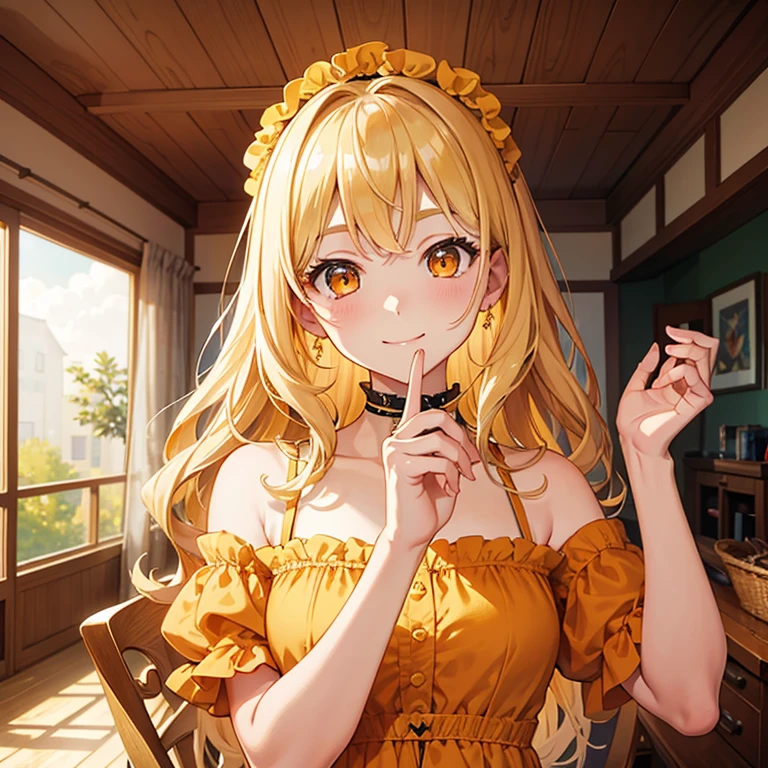 masterpiece, best quality, cabin, indoor, living room, looking at viewer, upper body, 1girl, blonde hair, medium hair, wavy hair, orange eyes, yellow dress, open shoulders, lolita, light smile