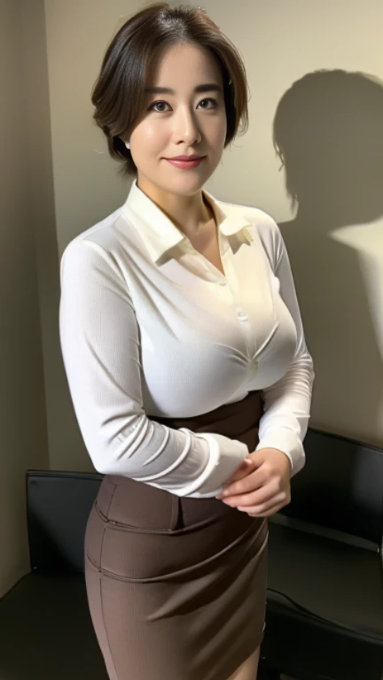 ((highest quality, 8K, masterpiece, portrait: 1.3)), (looking at the viewer), (full shot:0.85), attractive business mature woman, 1 person, a little chubby:0.４,brown medium hair、 white collared shirt, gray tight skirt,((big breasts 1.8)) (big pelvis:0.9), ((Are standing)), smile:0.2, conference room、,good posture、カーテンを閉め切ったconference room、a little dark room、


