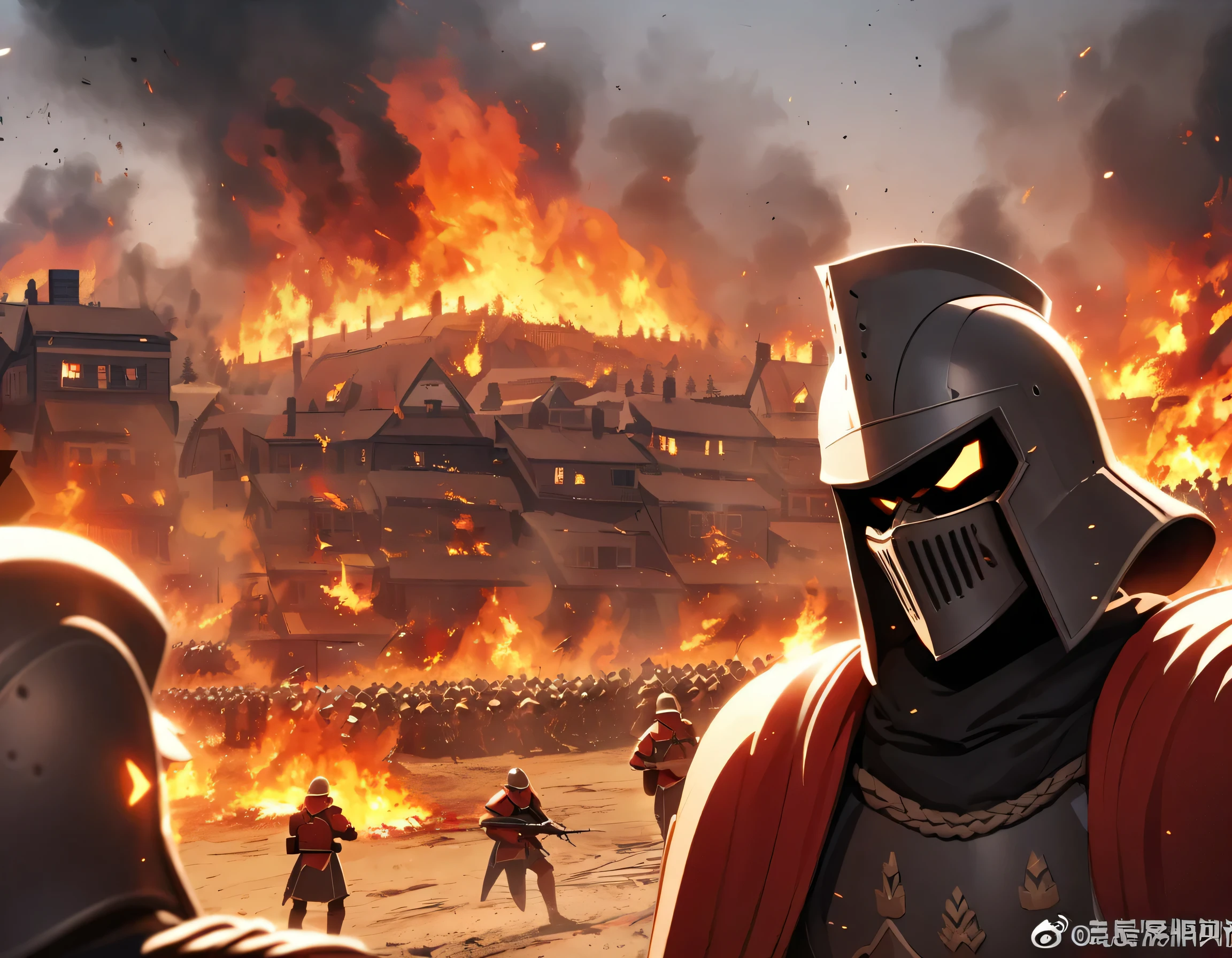 Close view of  a royal guard, standin, talking, open mouth, angry, battle field, burning houses 