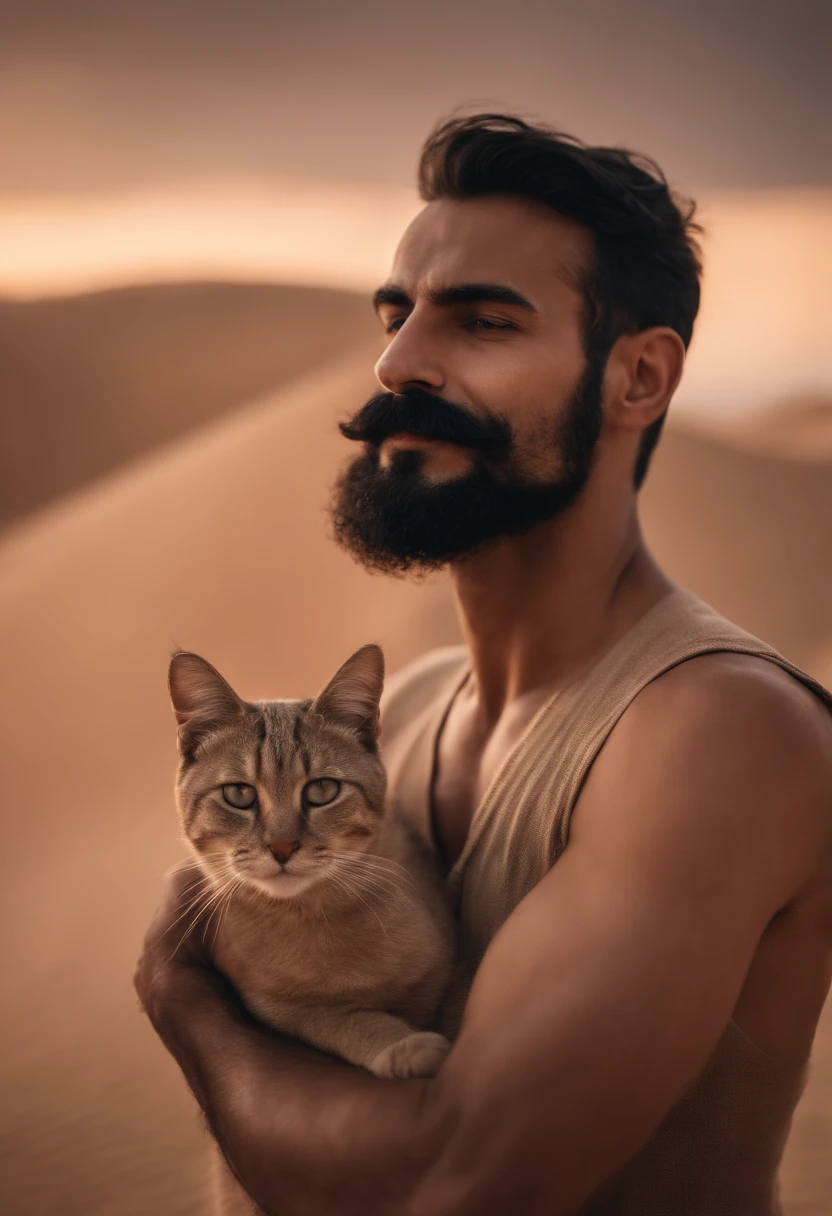 Handsome moustache without beard arab guy tall thin shirtless desert hug cat 