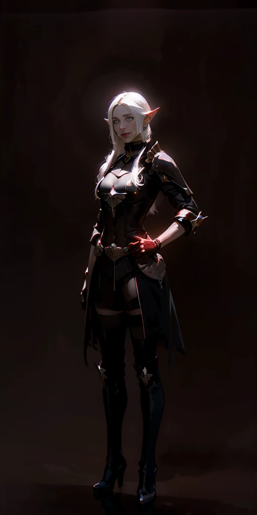 ((BLACK BACKGROUND1:2)) masterpiece, best quality, high quality, 1solo white SKIN elf, long hair, white hair, white eyes, full body, black bikini, looking at viewer, shiny, black thighhighs, high boots,shoulder armor, faulds, poleyn, gloves, gauntlets, FEET TOGETHER STANDING SYMMETRICAL, female elf big knockers cleavage bikini, black headwear, black choker collar, lustful smirking smile face red blushed red cheeks, smile, hands on hips