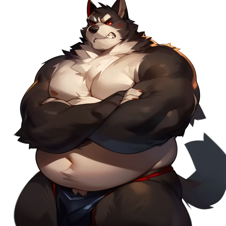 solo, male, canine, very obese, musclegut, mature male, old, angry, arms crossed, black fur, red eyes, obese body hair, half-body, white background, by mystikfox61, by darkgem, by glitter trap boy, by bebebebebe