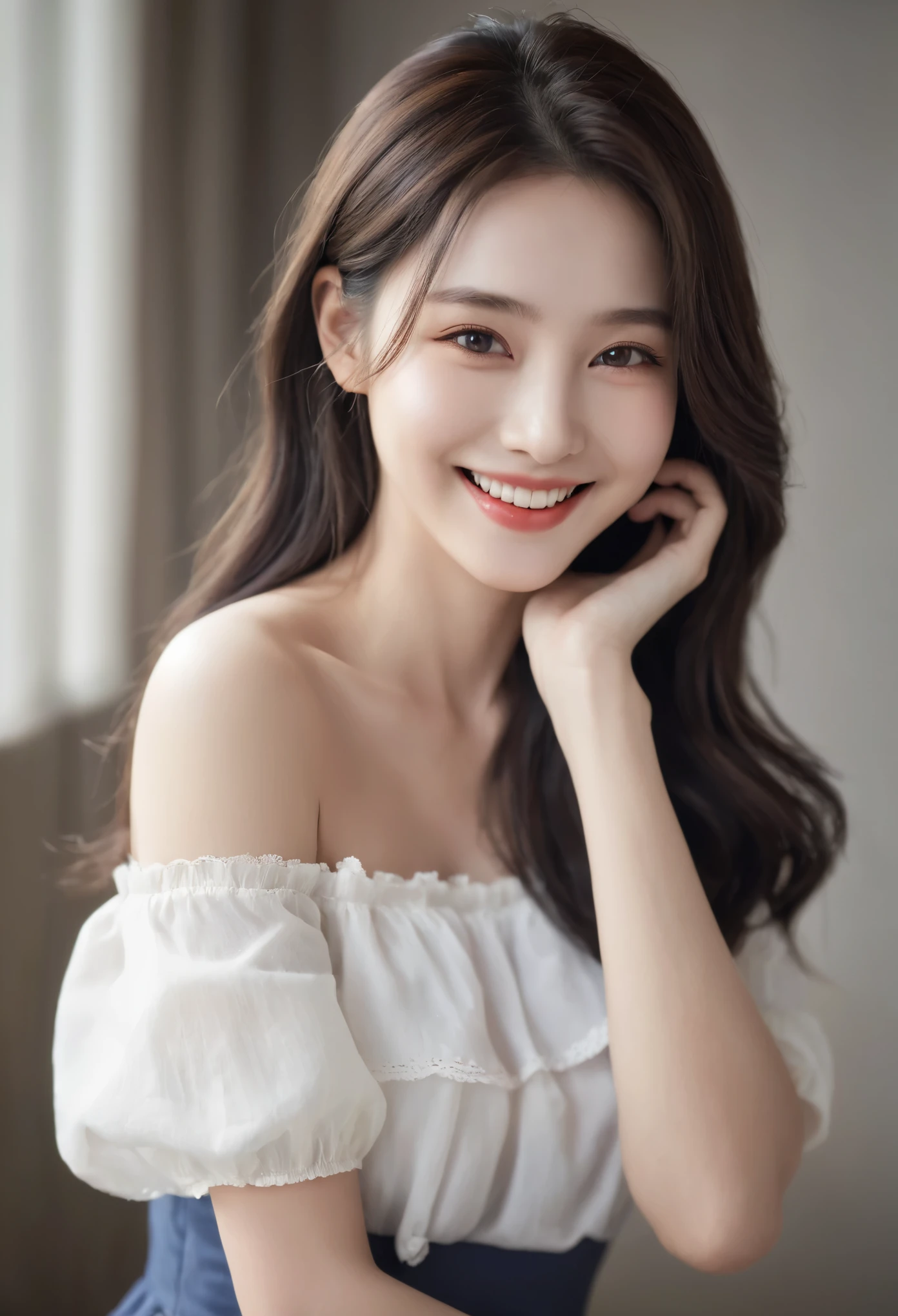 best quality, masterpiece, ultra high resolution, lifelike, 1 girl, Off the shoulders, Smile