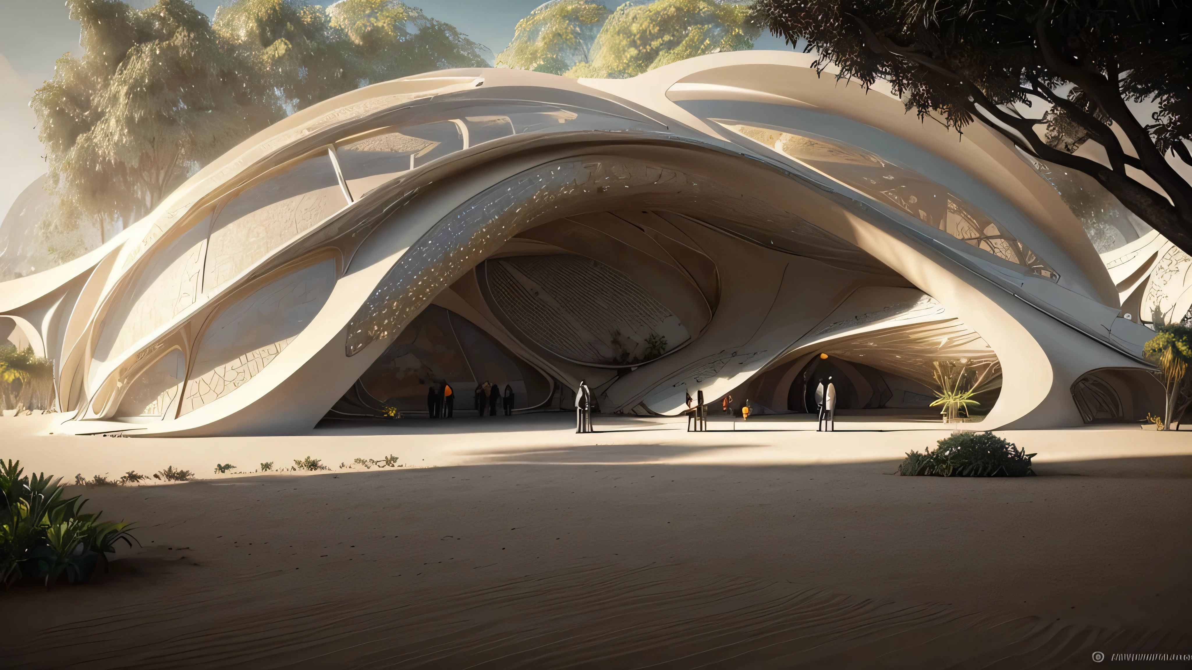 (Mejor calidad, obra maestra, ultrarrealista), futuristic indoor botanical garden, Dome, Muchas flores, The backdrop is a garden with petals and porridge flying., jardines al fondo, inspiration: Zaha Hadidi --v6