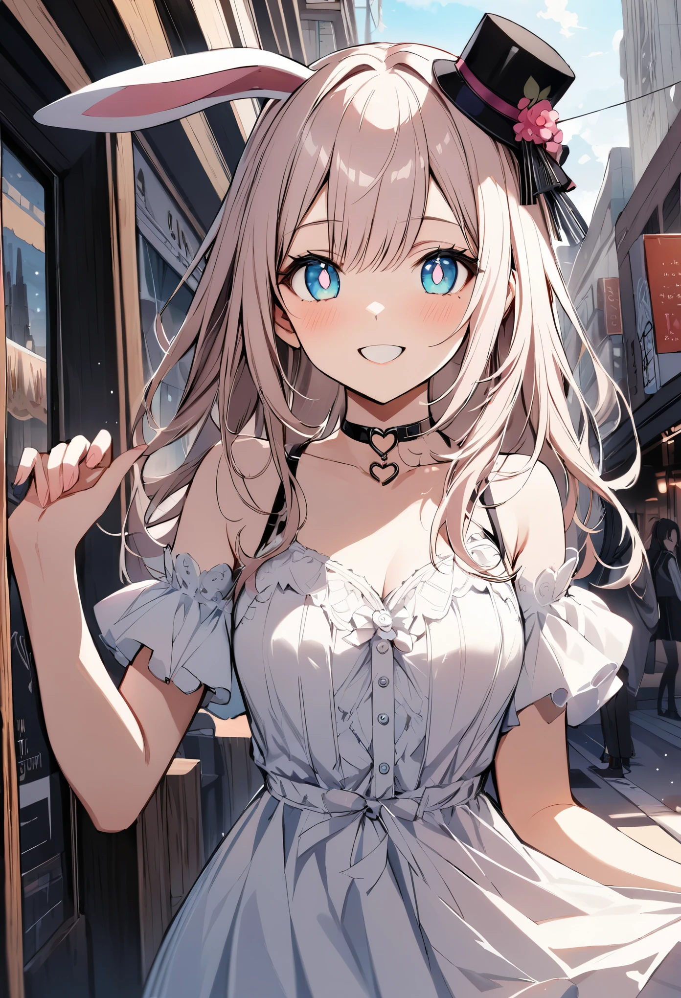 chibi {Girl with shoulder-length pink straight hair named Rico}, ``Little hat with bunny ears'', (It feels like saying Hello, daytime hours, smile,), {going out style}, ((Heart-shaped choker) ), (Downtown), Bright background, Mole under the eye, Heart-shaped choker, ((Masterpiece)), Highly detailed CG Unity 8k wallpaper), Top quality, One girl, Detailed background, beautifully detailed eyes, bright pupils, (very delicate and beautiful)), ((beautiful) eyes (detailed description)