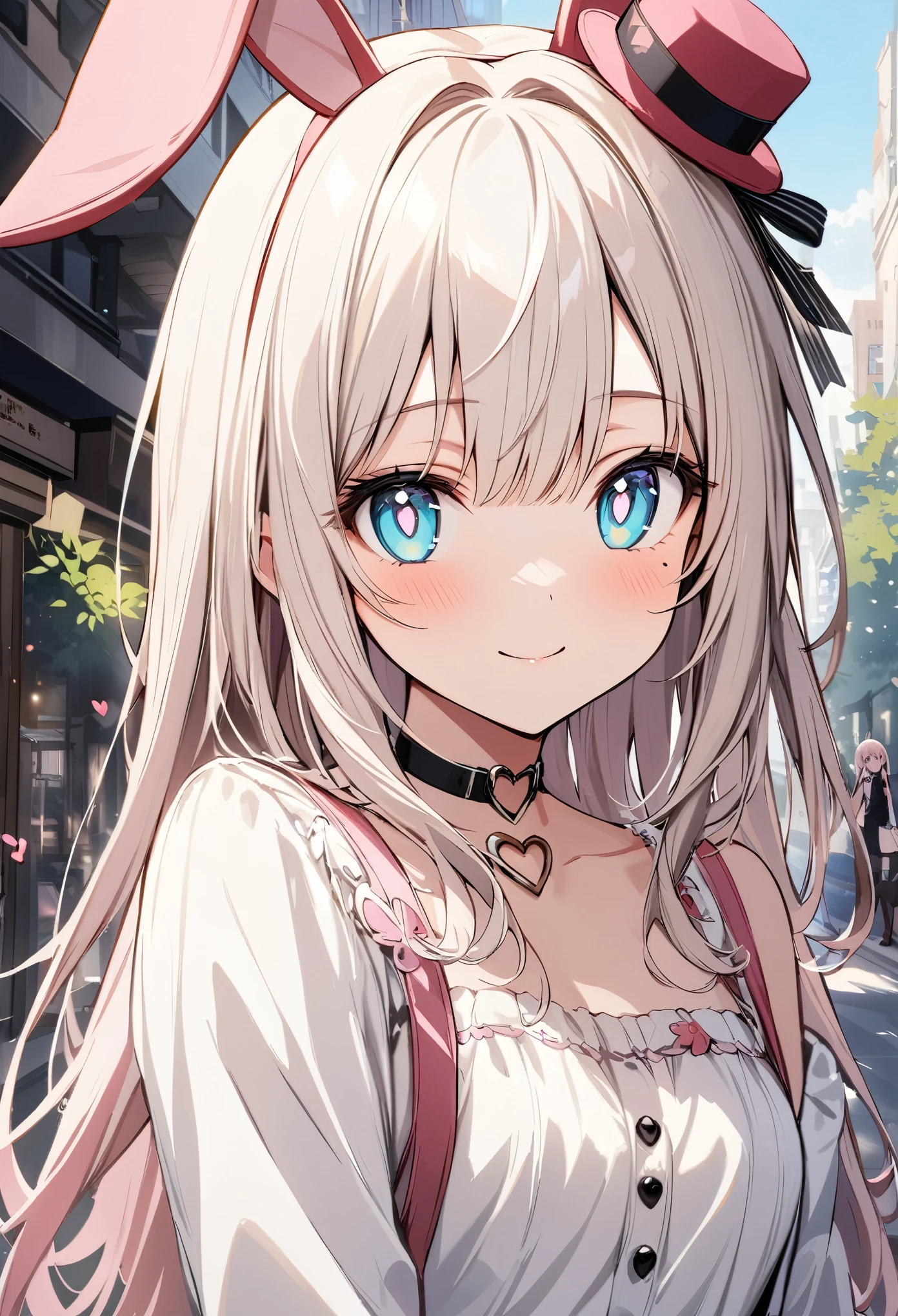 chibi {Girl with shoulder-length pink straight hair named Rico}, ``Little hat with bunny ears'', (It feels like saying Hello, daytime hours, smile,), {going out style}, ((Heart-shaped choker) ), (Downtown), Bright background, Mole under the eye, Heart-shaped choker, ((Masterpiece)), Highly detailed CG Unity 8k wallpaper), Top quality, One girl, Detailed background, beautifully detailed eyes, bright pupils, (very delicate and beautiful)), ((beautiful) eyes (detailed description)