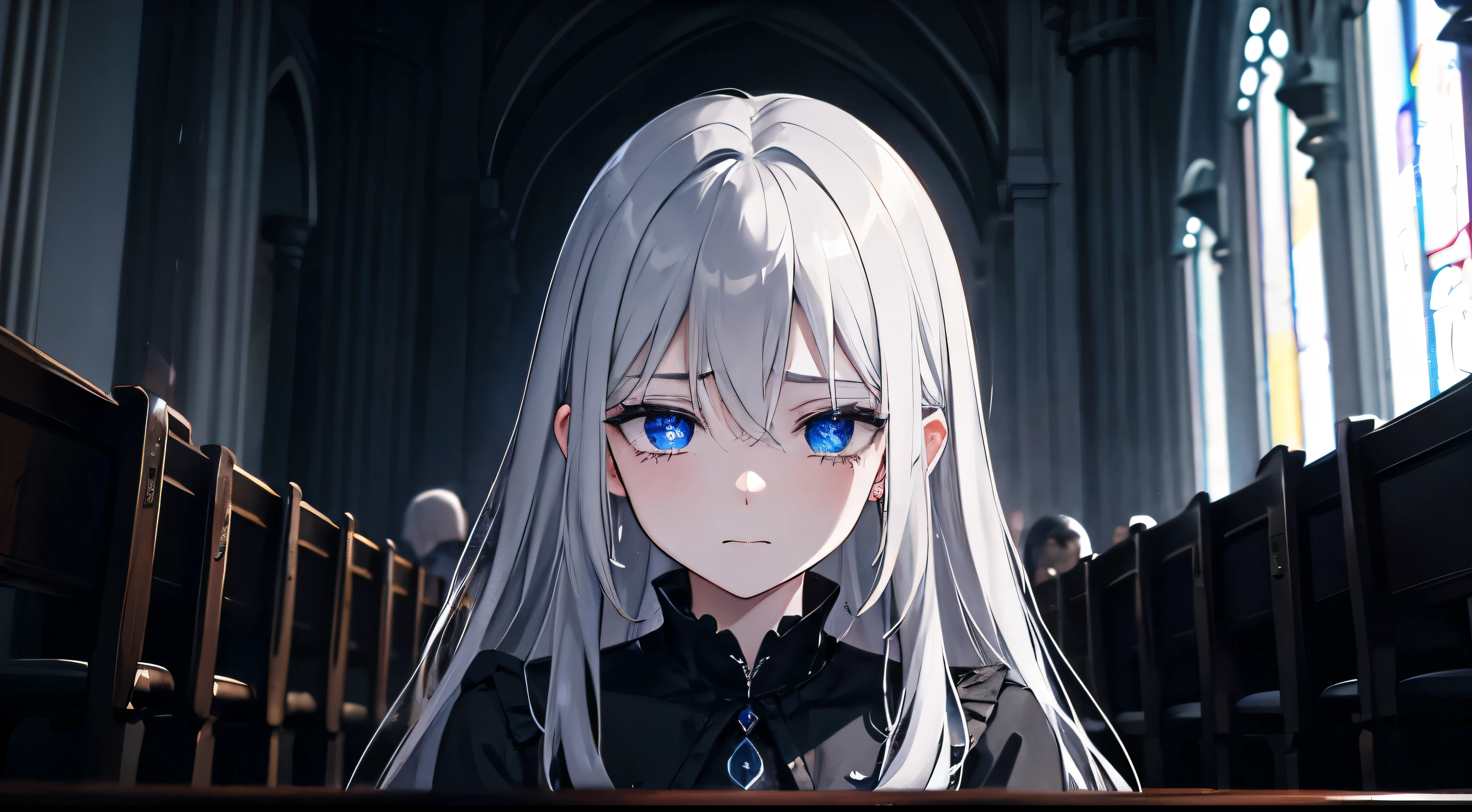 highly detailed eyes、sad eyes、dark room、The mouth is smiling、inside the church、sad expression、gray hair、final boss、gothic、pitch black、black dress、dark、inside the church、hatred、grudge、blue eyes、hatred、despair、unhappy expression