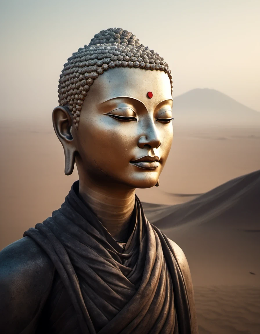 look up,BDO Arts,"huge silent sculpture of the head of Buddha",The super huge avatar of Tathagata Buddha with mysterious power,Extraterrestrial or unknown origin,maker,mysterious power ,With extreme、unusual or unpredictable qualities,huge,Closed,Clam up,Inspired by Sci-Fi Movie《dune》,The contrast between huge and tiny is presented with the ultimate visual aesthetics and music:The almost god-like "Tathagata Buddha's head",Vast desert environment,All of them highlight the insignificance of human beings and the infinity of the universe.。Dark art,Dense fog,Mist background,Movie,Epic graphics,grand,Small human beings