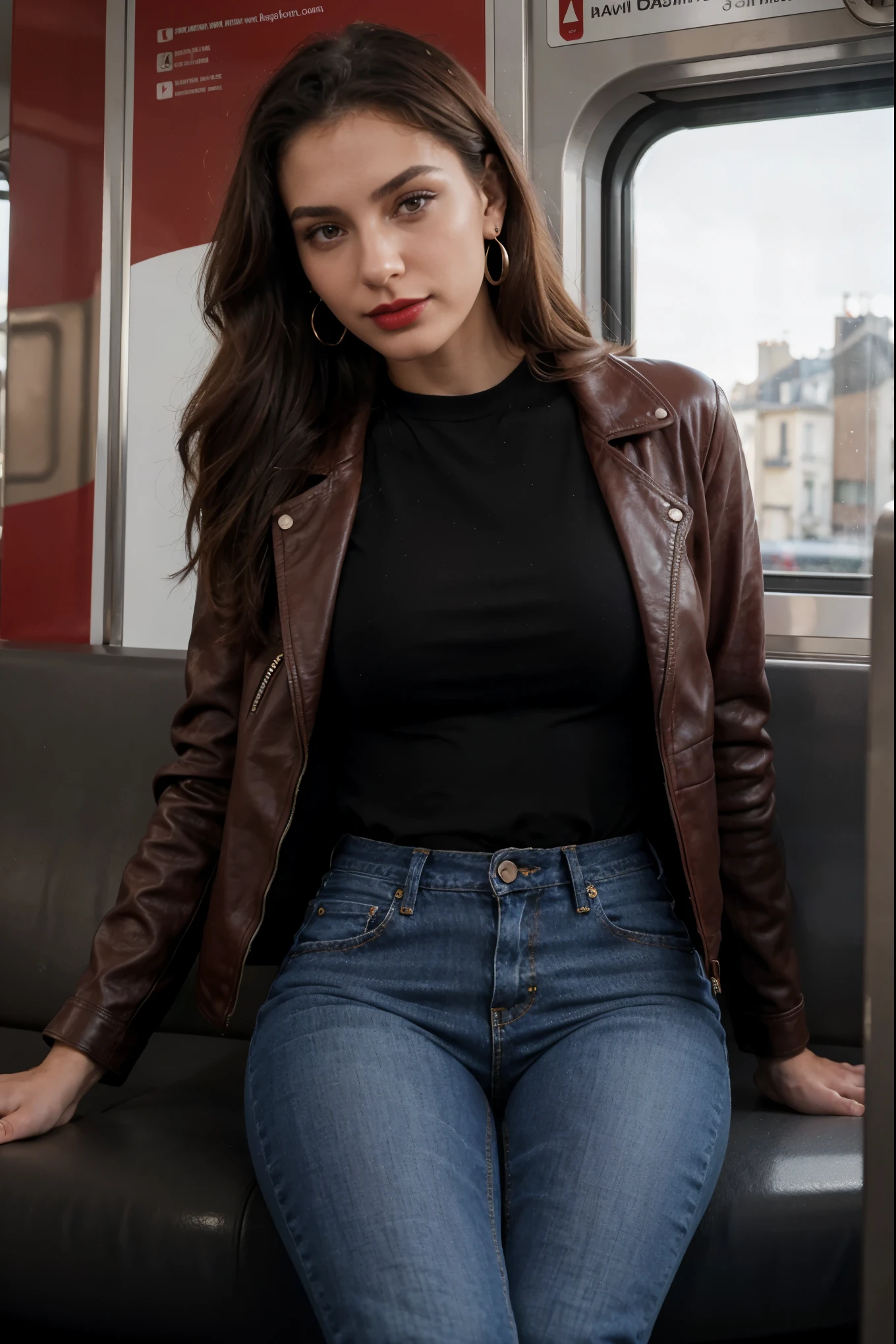 Italian girl 25 years old, beautiful, wonderful, sitting cross-legged, on the train in Paris, alone, 1 girl, real, very high resolution, 8k, elegant jeans, luxury, fabulous body, top, blouse, red lipstick, sensual, sexy, earrings, black leather jacket, slight smile