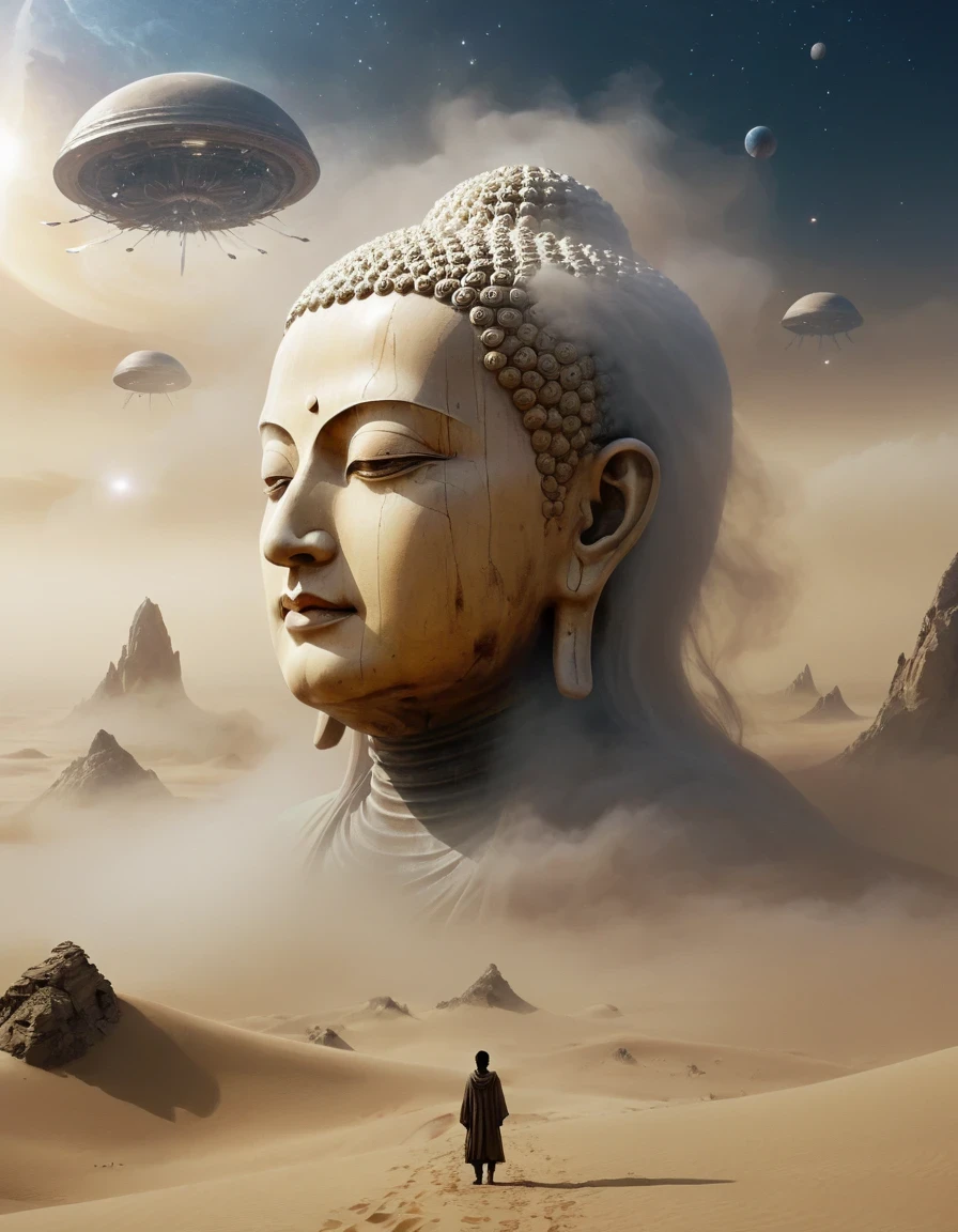 look up,BDO Arts,"huge silent sculpture of the head of Buddha",huge,Has the avatar of Tathagata Buddha with mysterious power,Extraterrestrial or unknown origin,maker,mysterious power
,With extreme、unusual or unpredictable qualities,huge,Closed,Clam up,Inspired by Sci-Fi Movie《dune》,The contrast between huge and tiny is presented with the ultimate visual aesthetics and music:The almost god-like "Tathagata Buddha's head",Vast desert environment,megabuildings、Giant flying machine、huge几何线条,All of them highlight the insignificance of human beings and the infinity of the universe.。Mist background,Movie,Epic graphics,grand,Small human beings