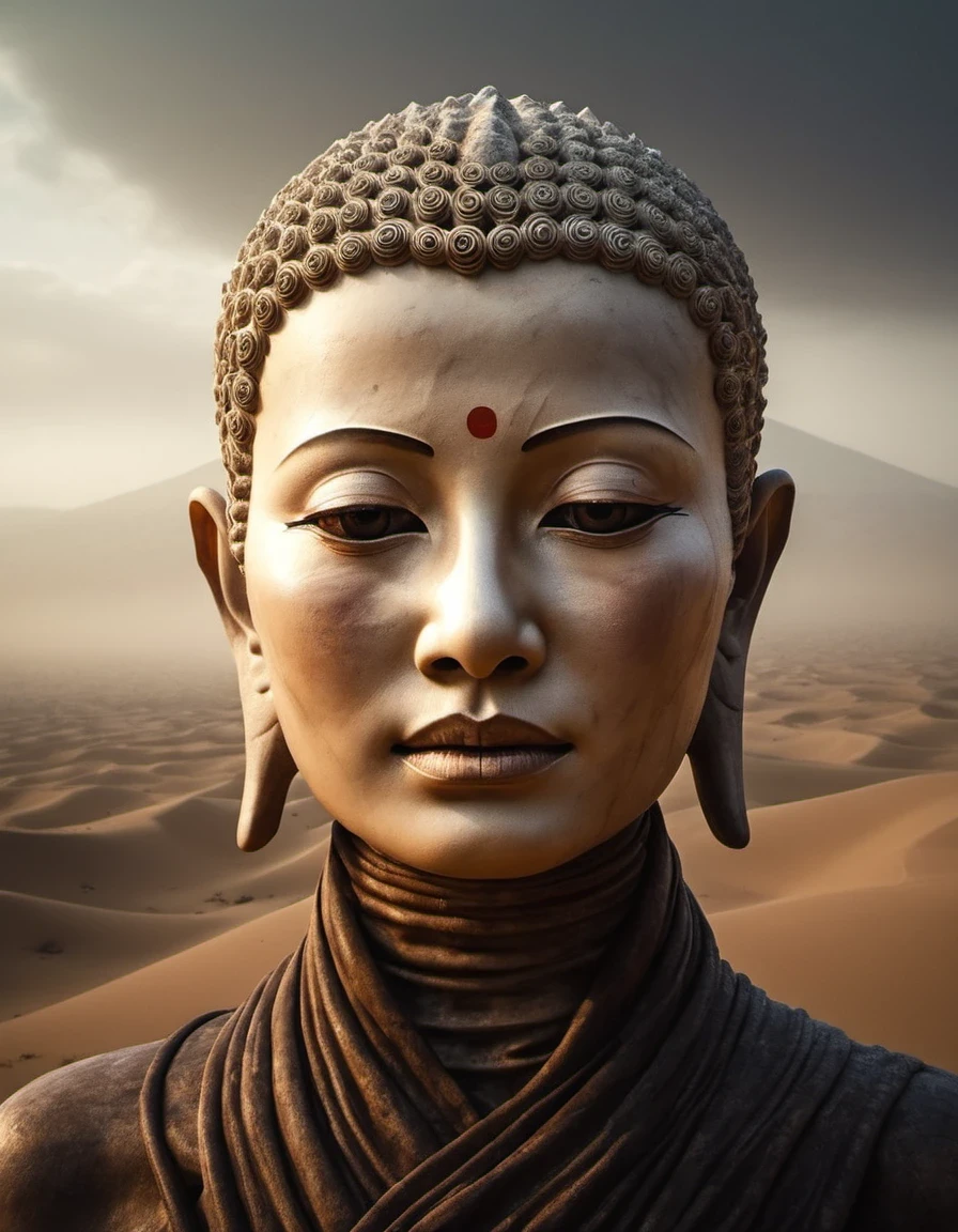 look up,BDO Arts,"huge silent sculpture of the head of Buddha",The super huge avatar of Tathagata Buddha with mysterious power,Extraterrestrial or unknown origin,maker,mysterious power ,With extreme、unusual or unpredictable qualities,huge,Closed,Clam up,Inspired by Sci-Fi Movie《dune》,The contrast between huge and tiny is presented with the ultimate visual aesthetics and music:The almost god-like "Tathagata Buddha's head",Vast desert environment,All of them highlight the insignificance of human beings and the infinity of the universe.。Dark art,Dense fog,Mist background,Movie,Epic graphics,grand,Small human beings