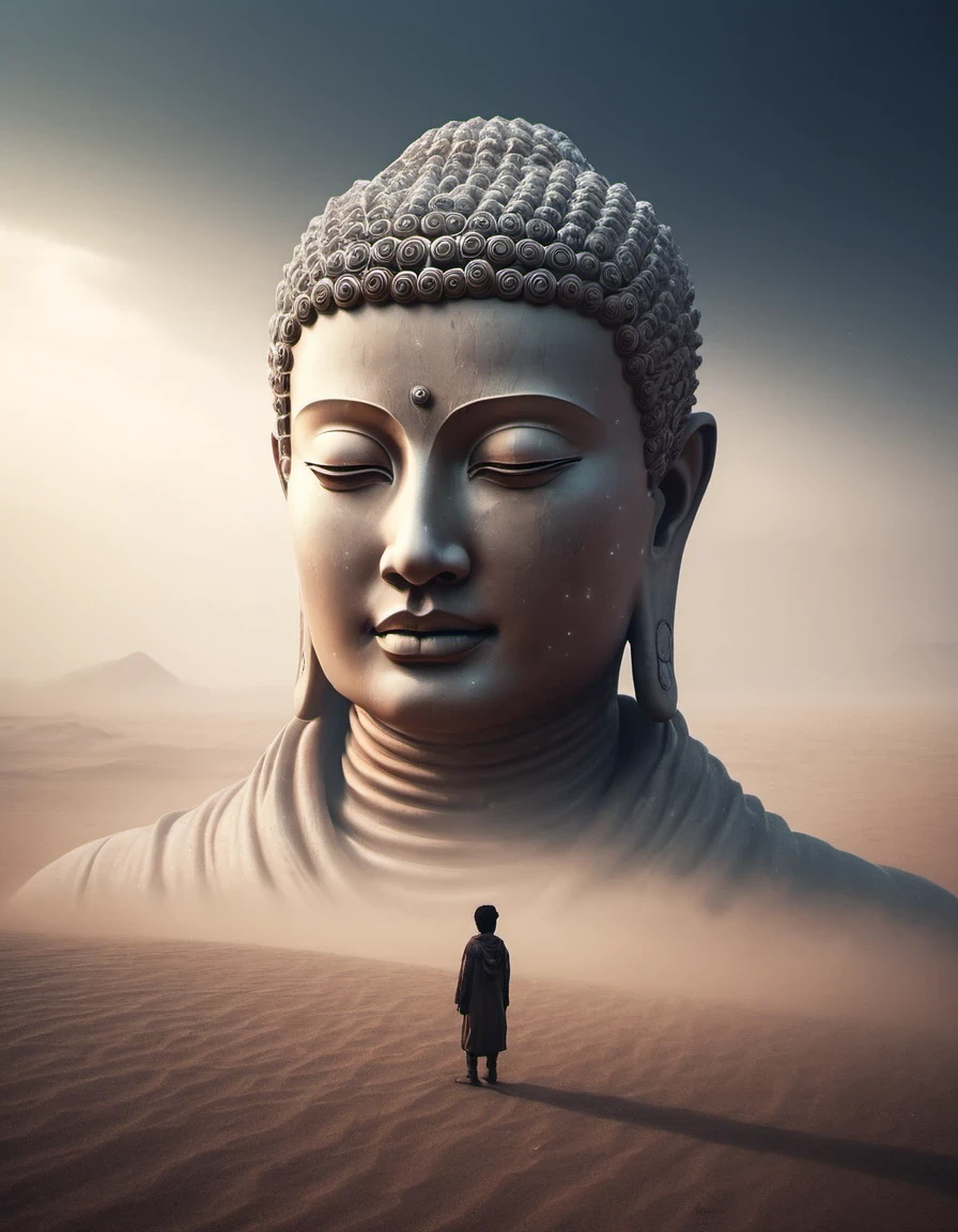 look up，BDO Arts，&quot;huge silent sculpture of the head of Buddha&quot;，huge，Has the avatar of Tathagata Buddha with mysterious power，Extraterrestrial or unknown origin，maker，mysterious power
，With extreme、unusual or unpredictable qualities，huge，Closed，Clam up，Inspired by Sci-Fi Movie《dune》，The contrast between huge and tiny is presented with the ultimate visual aesthetics and music：The almost god-like &quot;Tathagata Buddha&#39;s head&quot;，Vast desert environment，megabuildings、Giant flying machine、huge几何线条，All of them highlight the insignificance of human beings and the infinity of the universe.。Mist background，Movie，Epic graphics，grand，Small human beings