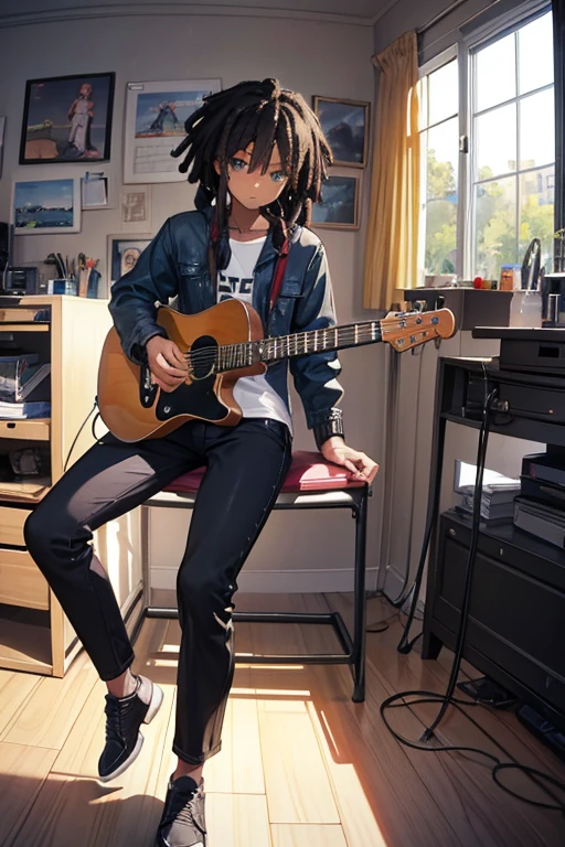 A black boy,Short dreadlocks,headphone,desk top music,bedroom, iMac,to the computer,Composition,Electric guitar,piano,Denim Jacket,black pants,