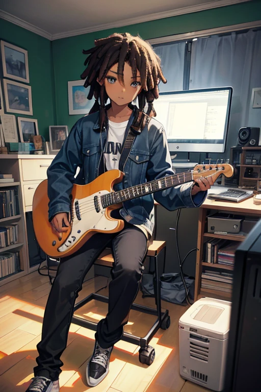 A black boy,Short dreadlocks,headphone,desk top music,bedroom, iMac,to the computer,Composition,Electric guitar,piano,Denim Jacket,black pants,