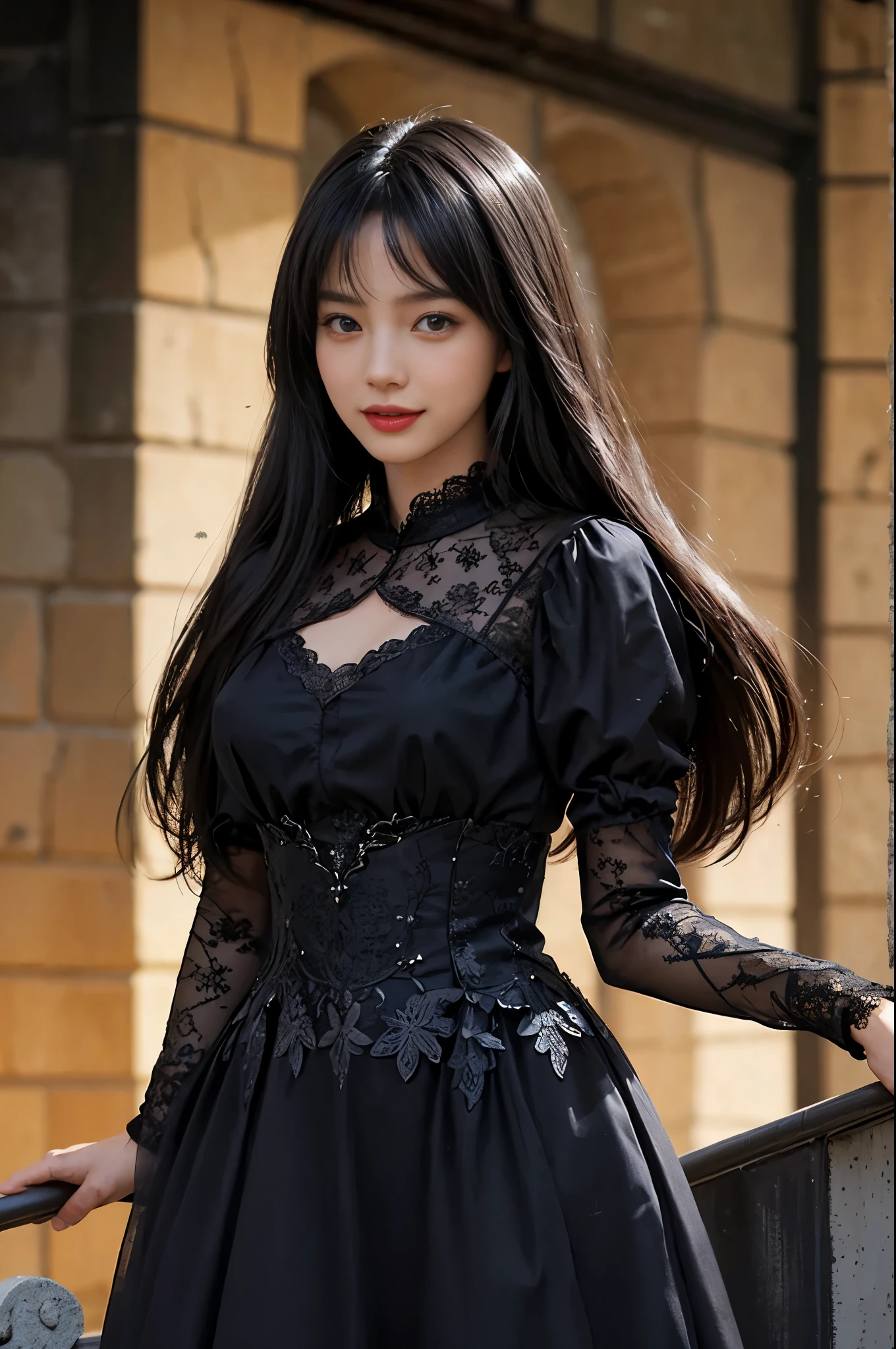 A Korean girl on the street, fluffy hair, delicate face, realistic, real, large aperture, wearing a black princess dress, short princess dress, fluffy dress, with a black necklace, slim,