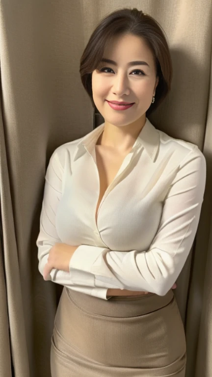 ((highest quality, 8K, masterpiece, portrait: 1.3)), (looking at the viewer), (full shot:0.85), attractive business mature woman, 1 person, a little chubby:0.4,brown medium hair、 white collared shirt, gray tight skirt,((big breasts 1.8)) (big pelvis:0.9), ((Are standing)), smile:0.2,,good posture、gentle smile、