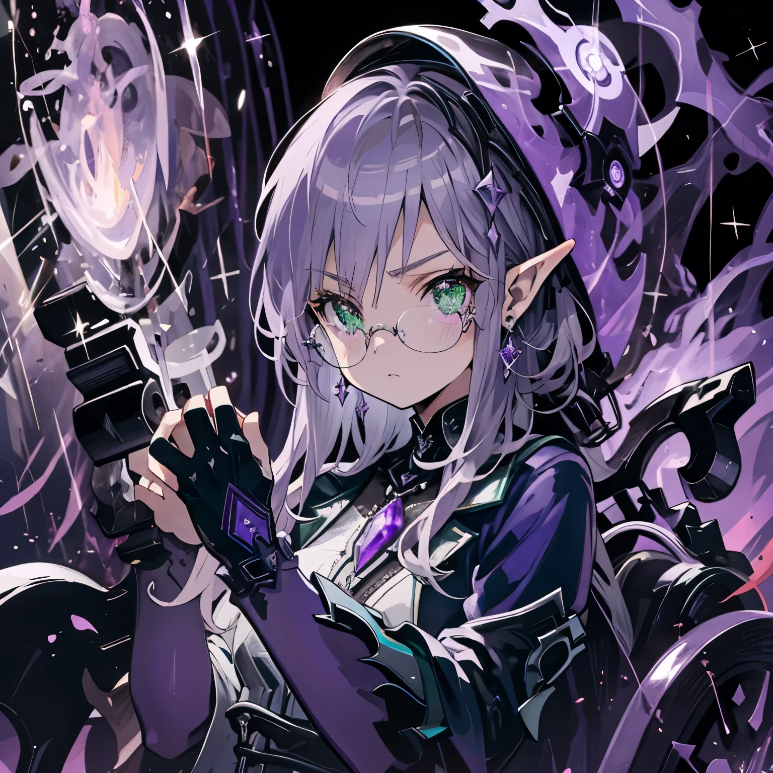 (((purple, Silver, sparkling)), goblin), Limited palette, contrast, amazing aesthetics, highest quality, gorgeous artwork, Glasses, green eyes, 薄purpleの髪