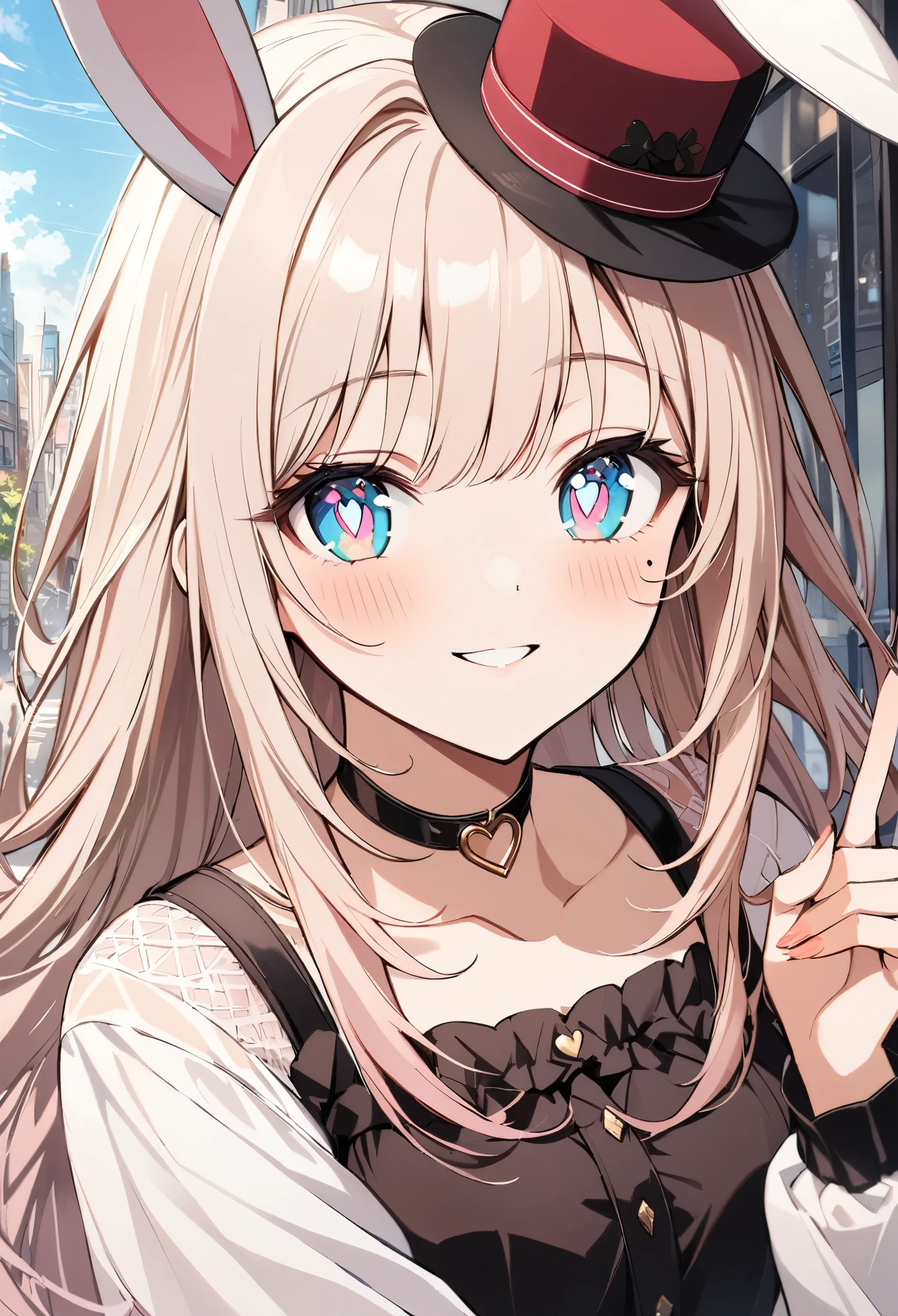 chibi {Girl with shoulder-length pink straight hair named Rico}, ``Little hat with bunny ears'', (It feels like saying Hello, daytime hours, smile,), {going out style}, ((Heart-shaped choker) ), (Downtown), Bright background, Mole under the eye, Heart-shaped choker, ((Masterpiece)), Highly detailed CG Unity 8k wallpaper), Top quality, One girl, Detailed background, beautifully detailed eyes, bright pupils, (very delicate and beautiful)), ((beautiful) eyes (detailed description)
