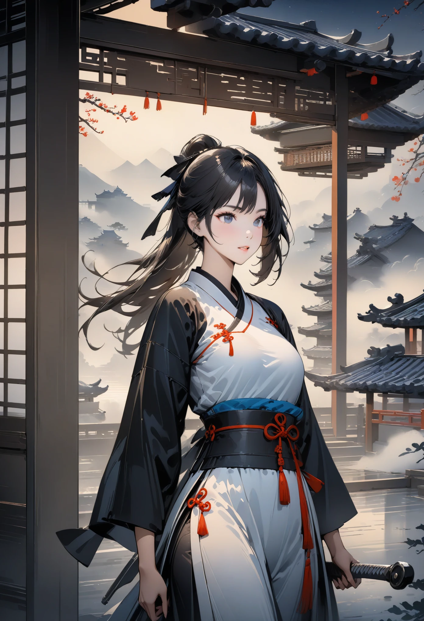 (((best quality))),(((Super detailed))),(((masterpiece))),illustration,1 person,1 lady,swordsman,female warrior,Chinese traditional clothing,permanent,ink style,martial arts,posture,roof,moonlight,night,background,Chinese architecture,fog mountains,contour,Tranquility--ar 16:9