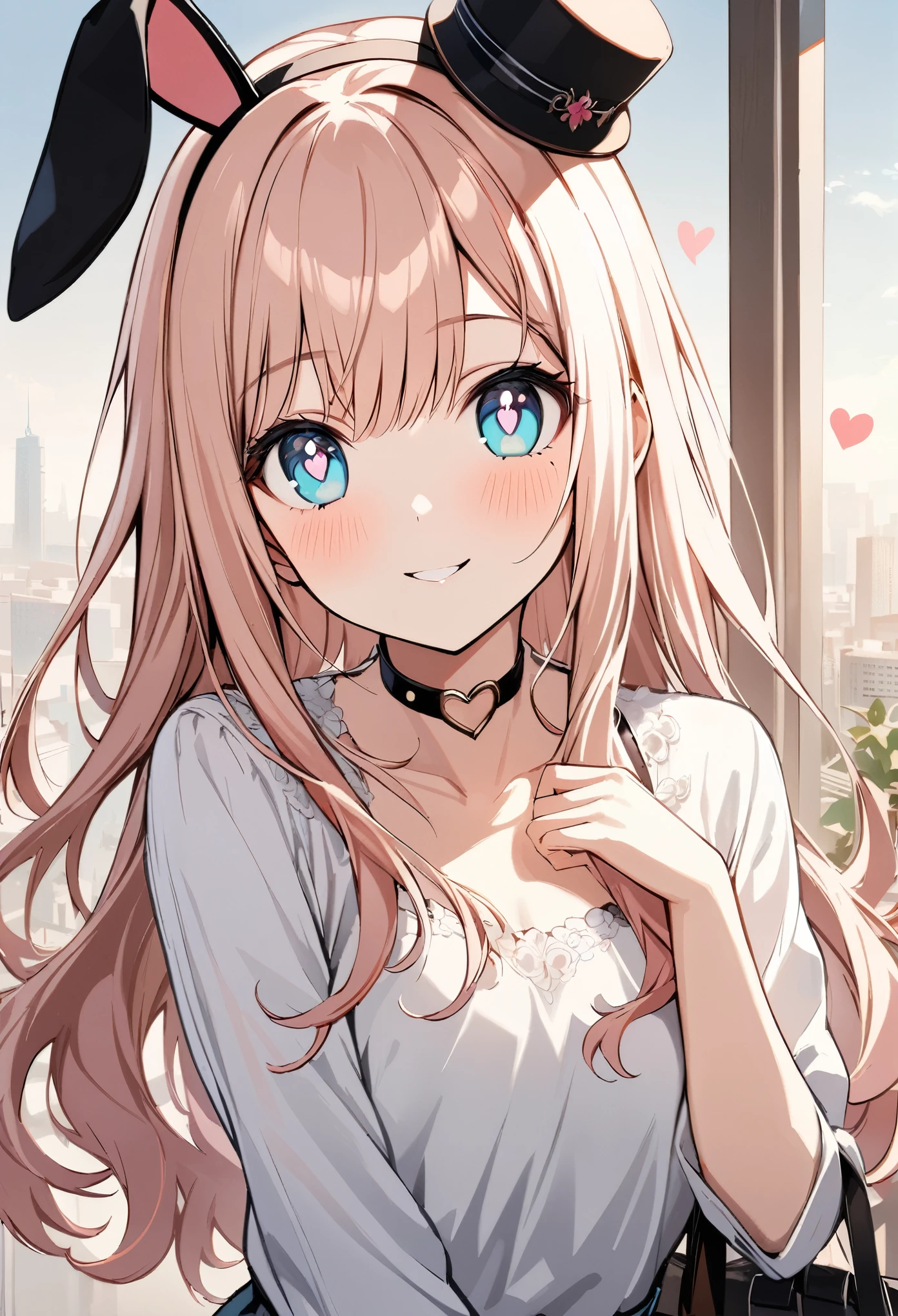 chibi {Girl with shoulder-length pink straight hair named Rico}, ``Little hat with bunny ears'', (It feels like saying Hello, daytime hours, smile,), {going out style}, ((Heart-shaped choker) ), (Downtown), Bright background, Mole under the eye, Heart-shaped choker, ((Masterpiece)), Highly detailed CG Unity 8k wallpaper), Top quality, One girl, Detailed background, beautifully detailed eyes, bright pupils, (very delicate and beautiful)), ((beautiful) eyes (detailed description)