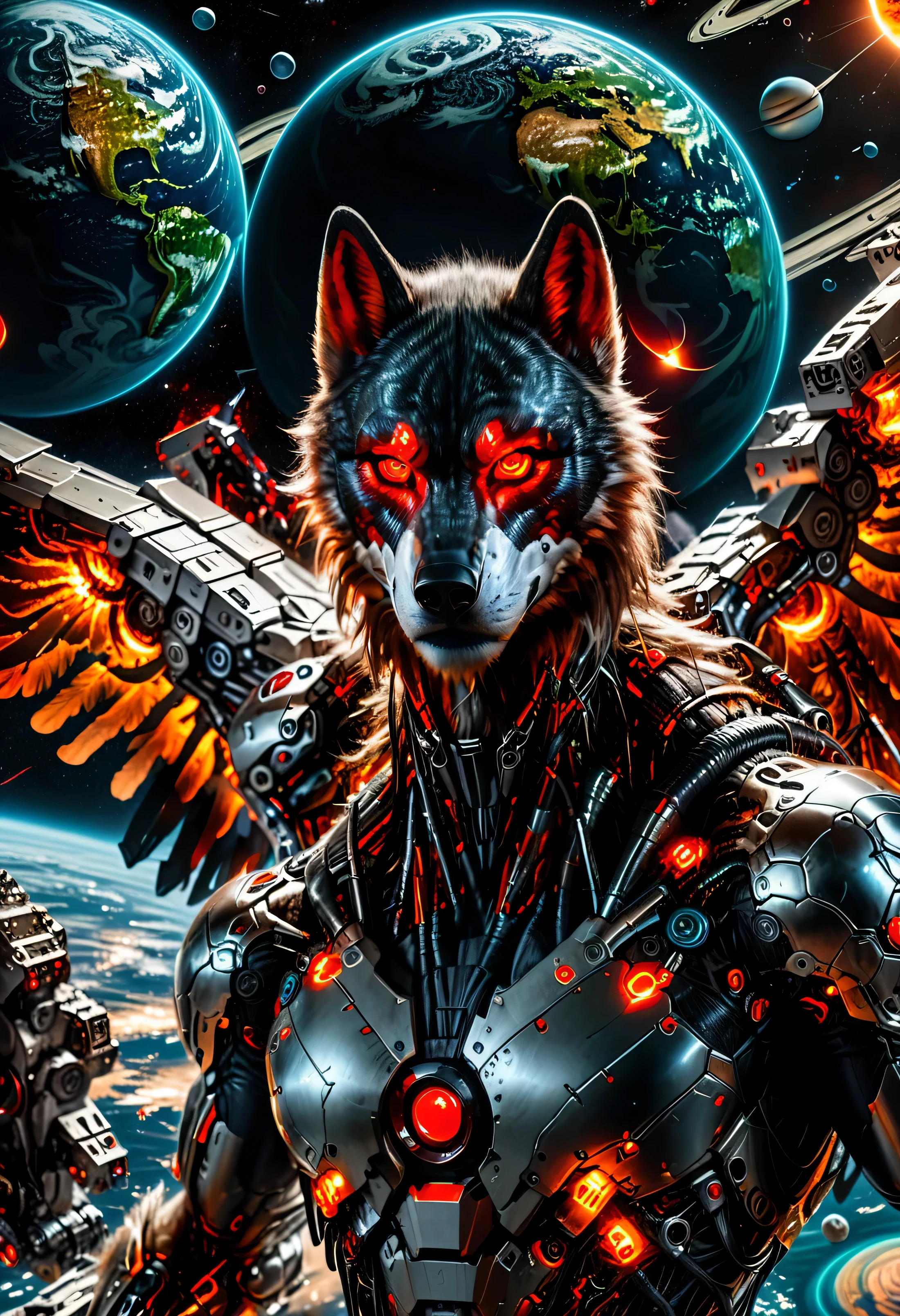 cyborg werewolf digital flying over outer space red eyes the planet earth there in the background and the planet Saturn too. God cyborg wings serious expression 8K