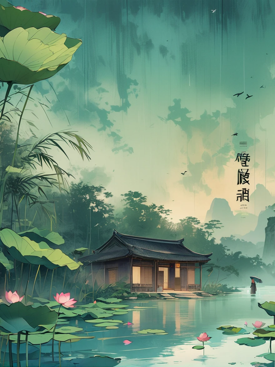 A large Buddha statue with an ancient man in front of it, lotus flowers blooming on the water surface and mist floating above the lake. The background uses a blue-green gradient color scheme in the style of a high definition wallpaper for a mobile phone screensaver design. It has a flat vector style and high resolution with large text layout.
