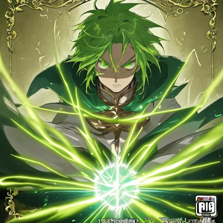 (high quality,fantasy anime cover,serious gaze,magical powers),green-haired protagonist with a serious gaze and magical powers
