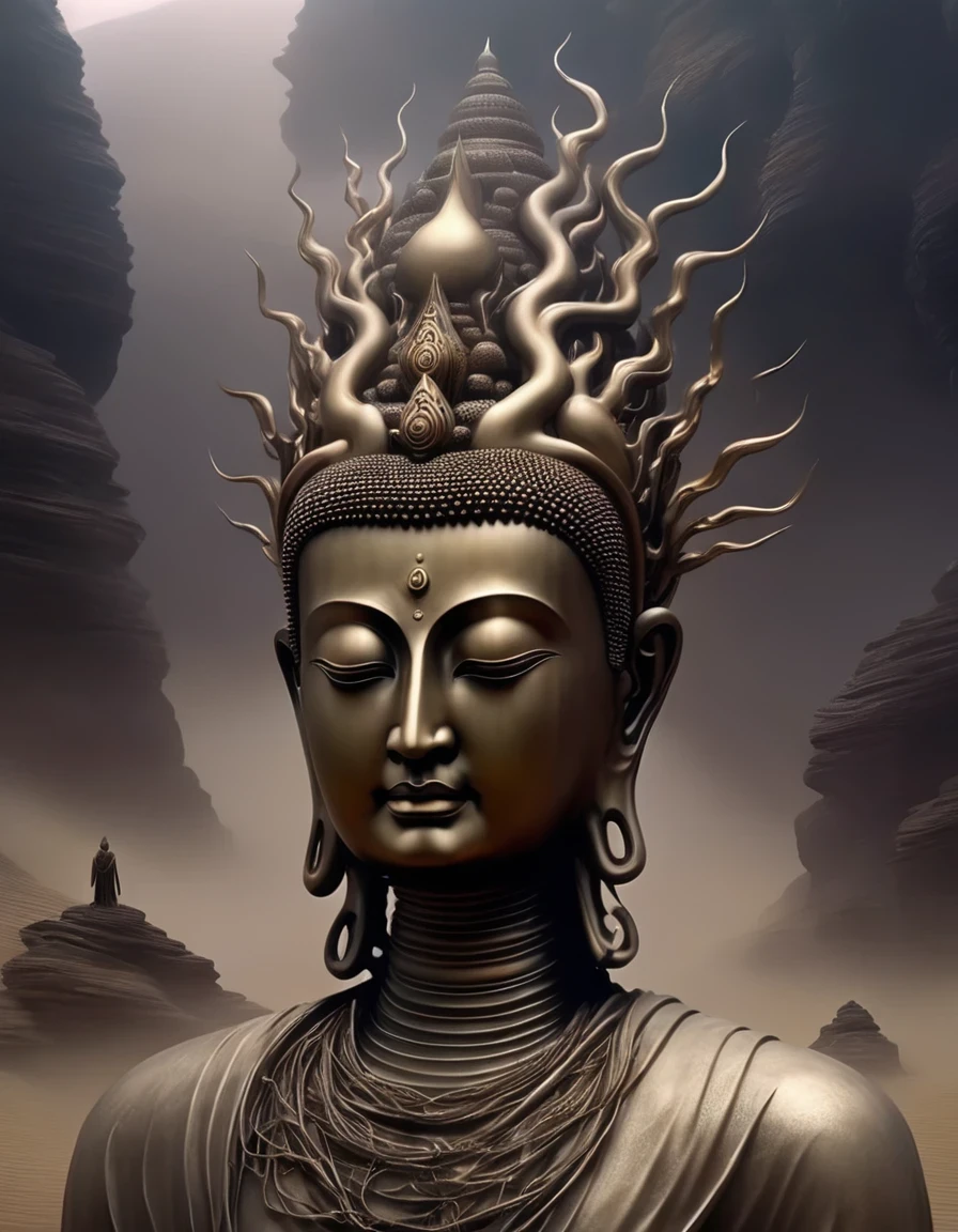 look up,BDO Arts,"huge silent sculpture of the head of Buddha",huge has the mysterious power of Tathagata Buddha's head,Extraterrestrial or unknown origin,maker,mysterious power
,With extreme、unusual or unpredictable qualities,huge,Closed,Clam up,Inspired by science fiction movies《dune》,The contrast between huge and tiny is presented with the ultimate visual aesthetics and music:The almost god-like "Tathagata Buddha's head",Vast desert environment,(Showing the insignificance of human beings and the infinity of the universe),(background:Dense fog),cinematography,Epic graphics,grand,Small human beings