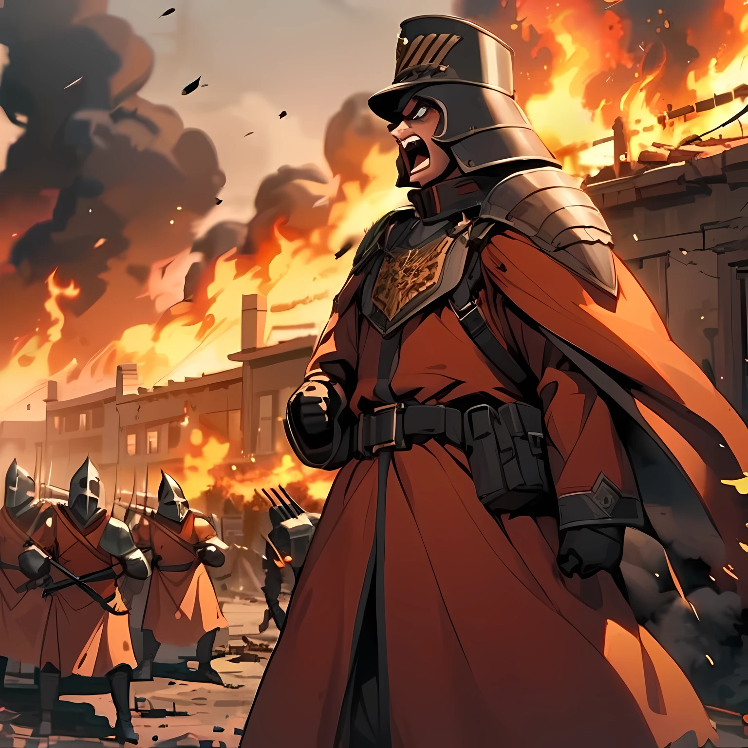 Close side view of  a royal guard, standing, talking, open mouth, angry, battle field, burning houses 