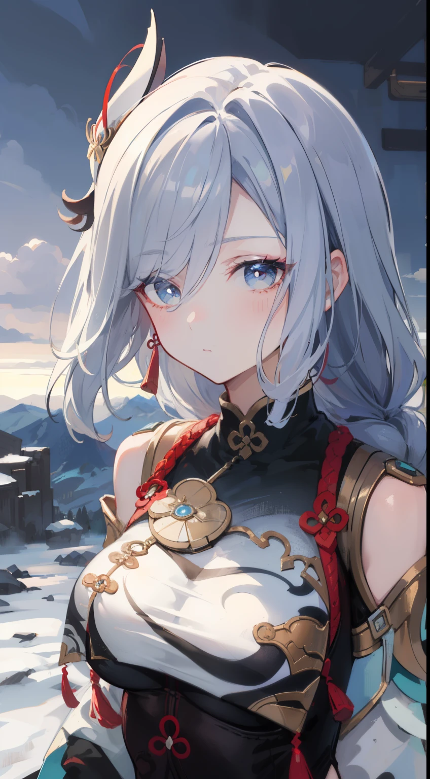 shenhedef, upper body, serious expression, blush, outdoors, futuristic skyscarper, eclipse sky, short hair, sky, looking at viewer, mountain, moody lighting, (perfect detail eyes:1.2), glowing eyes, (long hair one braid:1.2),
(Masterpiece, Best Quality, High Quality:1.4), professional artwork, Intricate Details, field of view, sharp focus, detailed painting, photorealistic lighting, trending on pixiv, (vivid lighting, vibrant colors:1.05), realistic shadows, ambient occlusion,