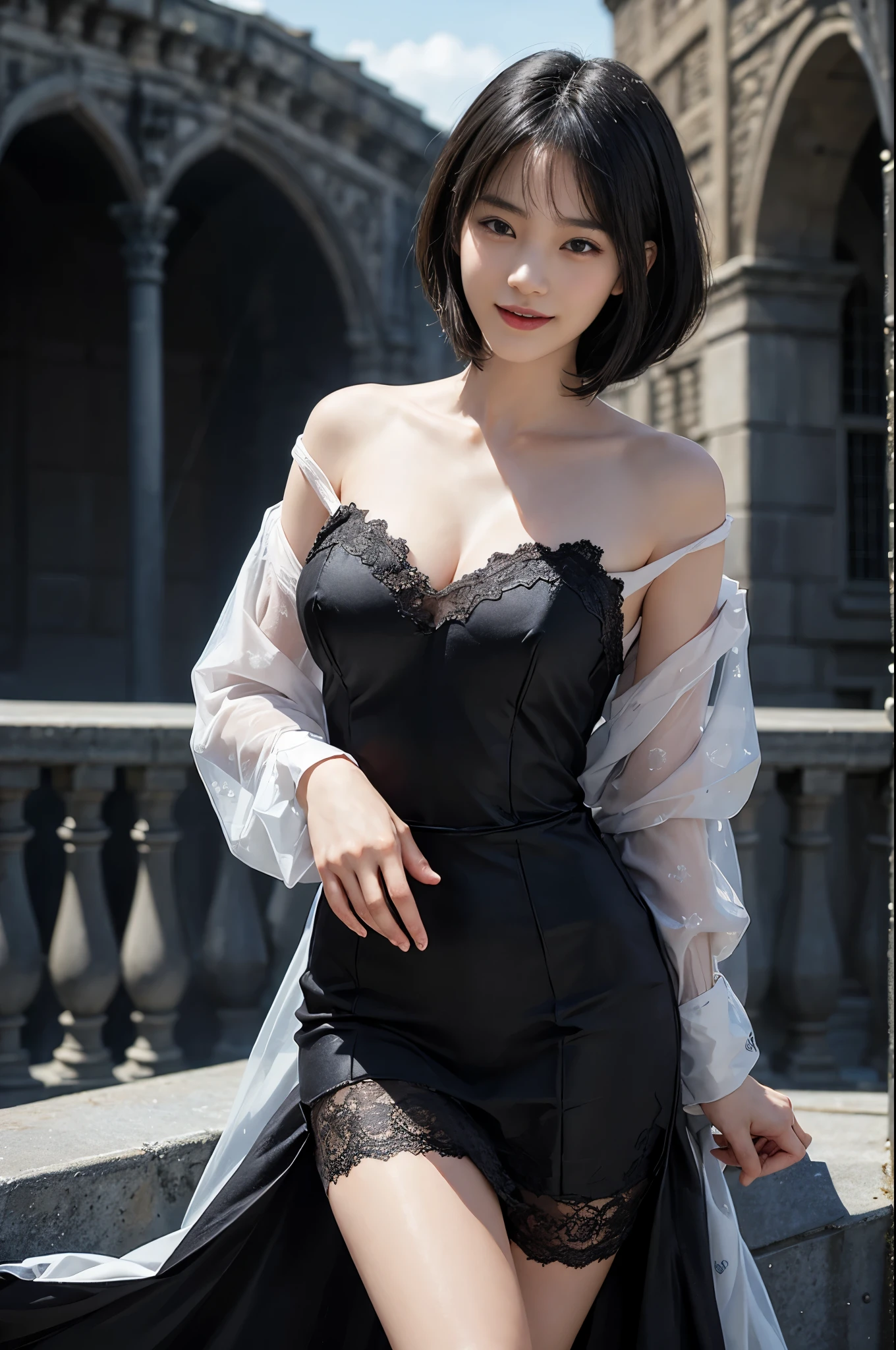 best quality、masterpiece、ultra high resolution、actual、1 girl、Glossy skin、((Surreal detailed))、Global photo、8K、Highly complex details、shinning eyes、Black straight hair、slender body、plump breasts、highkey、pureerosfaceace_v1、A smile、Elegant pose、Dark lace dress、Beautiful woman standing on the balcony of the castle