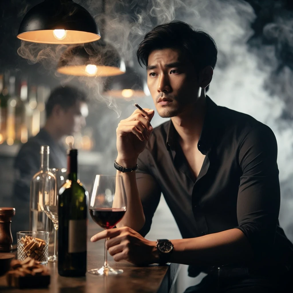 Medium shot, close shot, full body, an Asian man wearing black mavia casual cloths , short hair , sit on the bars chair , hold a glass of wine ,beside bartender table, smoking ,wine bottle,bokeh background with bar lamp , cigarettes , Misty atmosphere ,light filtered by dark grey smokey, natura face color tones , looking at glass , shot on nikon z9, shot on canon eos r5, shot on canon eos r5, captured on canon eos r6, color portrait, portrait shot, portrait shot 8k, soft portrait shot 8k