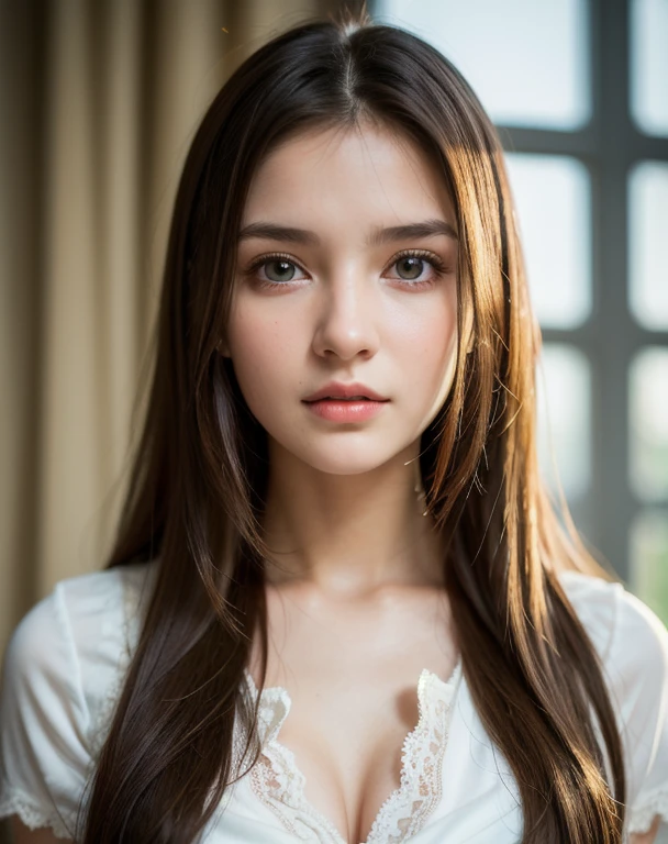 Best quality, focus on the face, Soft light, ultra high resolution, (Photorealistic:1.4), RAW photo,
1 girl of Slavic appearance, One, Cute, (student, lights in the eyes), detailed beautiful face, (small chest),(High resolution human skin texture detail),
(long hair),
in room,
Damask shirt dress,
(portrait)