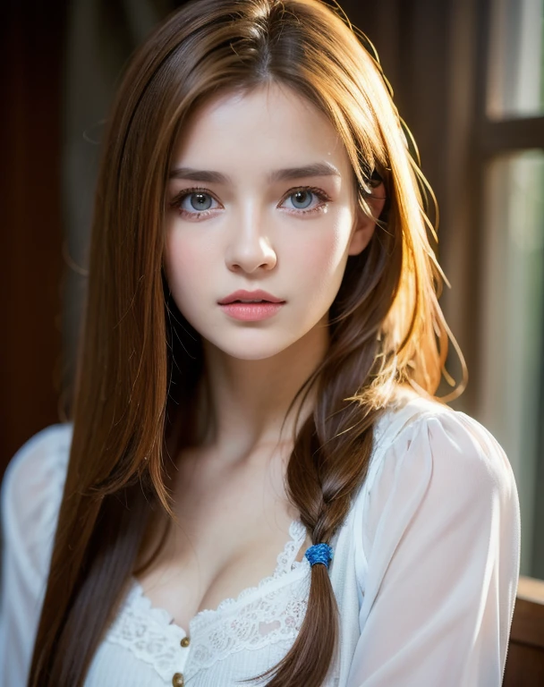 Best quality, focus on the face, Soft light, ultra high resolution, (Photorealistic:1.4), RAW photo,
1 girl of Slavic appearance, One, Cute, (student, lights in the eyes), detailed beautiful face, (small chest),(High resolution human skin texture detail),
(long hair),
in room,
Damask shirt dress,
(portrait)