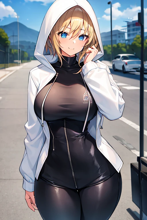 1girl, hood, jacket, hooded jacket, hood on, hood up, blonde hair, large breasts, breasts, wide hips, thick thighs, hourglass figure, white jacket, black shirt, shirt, very short hair, pants, black pants, smile, toned, toned female, urban, mature female, tall, tall female, tomboy,