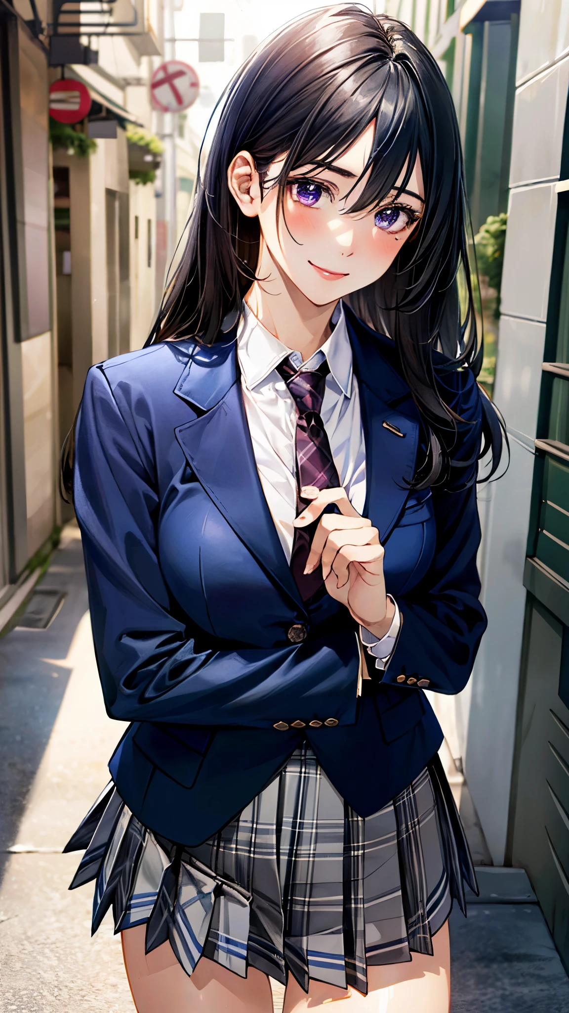 (masterpiece:1.3, top-quality, ultra high res, ultra detailed), (realistic, photorealistic:1.4), beautiful illustration, perfect lighting, natural lighting, colorful, depth of fields,
beautiful detailed hair, beautiful detailed face, beautiful detailed eyes, beautiful clavicle, beautiful body, beautiful chest, beautiful thigh, beautiful legs, beautiful fingers,
looking at viewer, 1 girl, high school girl, perfect face, (perfect anatomy, anatomically correct), cute and symmetrical face, face, , shiny skin,
(long hair:1.5, straight hair, black hair), hair between eyes, dark purple eyes, long eye lasher, (medium breasts), slender,
(((navy blazer, close blazer), collared white shirt, gray plaid pleated skirt, dark red tie), ), navy school socks,
(beautiful scenery), evening, (street), walking, , (happy smile),
