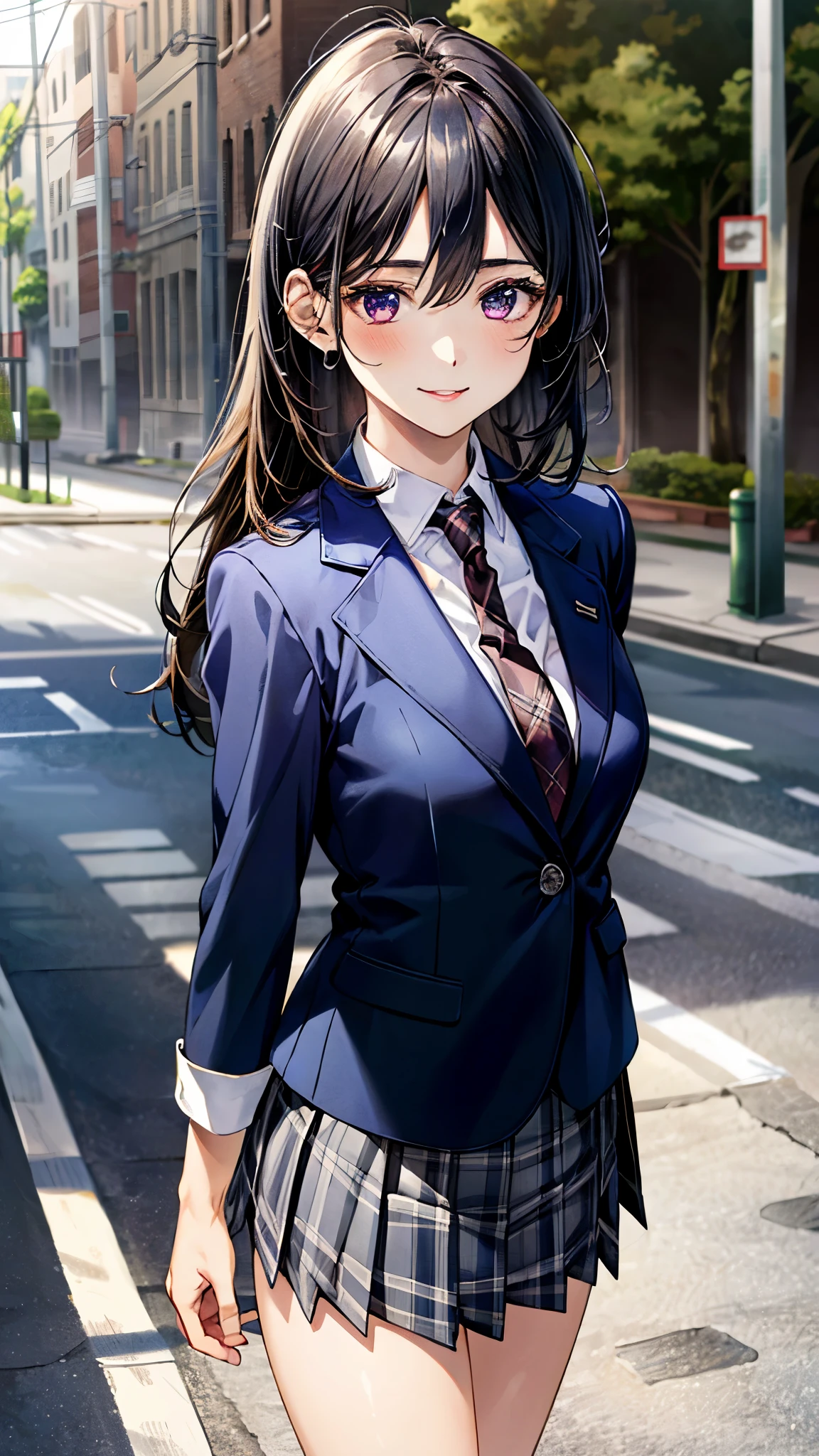 (masterpiece:1.3, top-quality, ultra high res, ultra detailed), (realistic, photorealistic:1.4), beautiful illustration, perfect lighting, natural lighting, colorful, depth of fields, 
beautiful detailed hair, beautiful detailed face, beautiful detailed eyes, beautiful clavicle, beautiful body, beautiful chest, beautiful thigh, beautiful legs, beautiful fingers, 
looking at viewer, 1 girl, high school girl, perfect face, (perfect anatomy, anatomically correct), cute and symmetrical face, babyface, , shiny skin, 
(long hair:1.5, straight hair, black hair), hair between eyes, dark purple eyes,  long eye lasher, (medium breasts), slender, 
(((navy blazer, close blazer), collared white shirt, gray plaid pleated skirt, dark red tie), ), navy school socks, 
(beautiful scenery), evening, (street), walking, , (happy smile), 